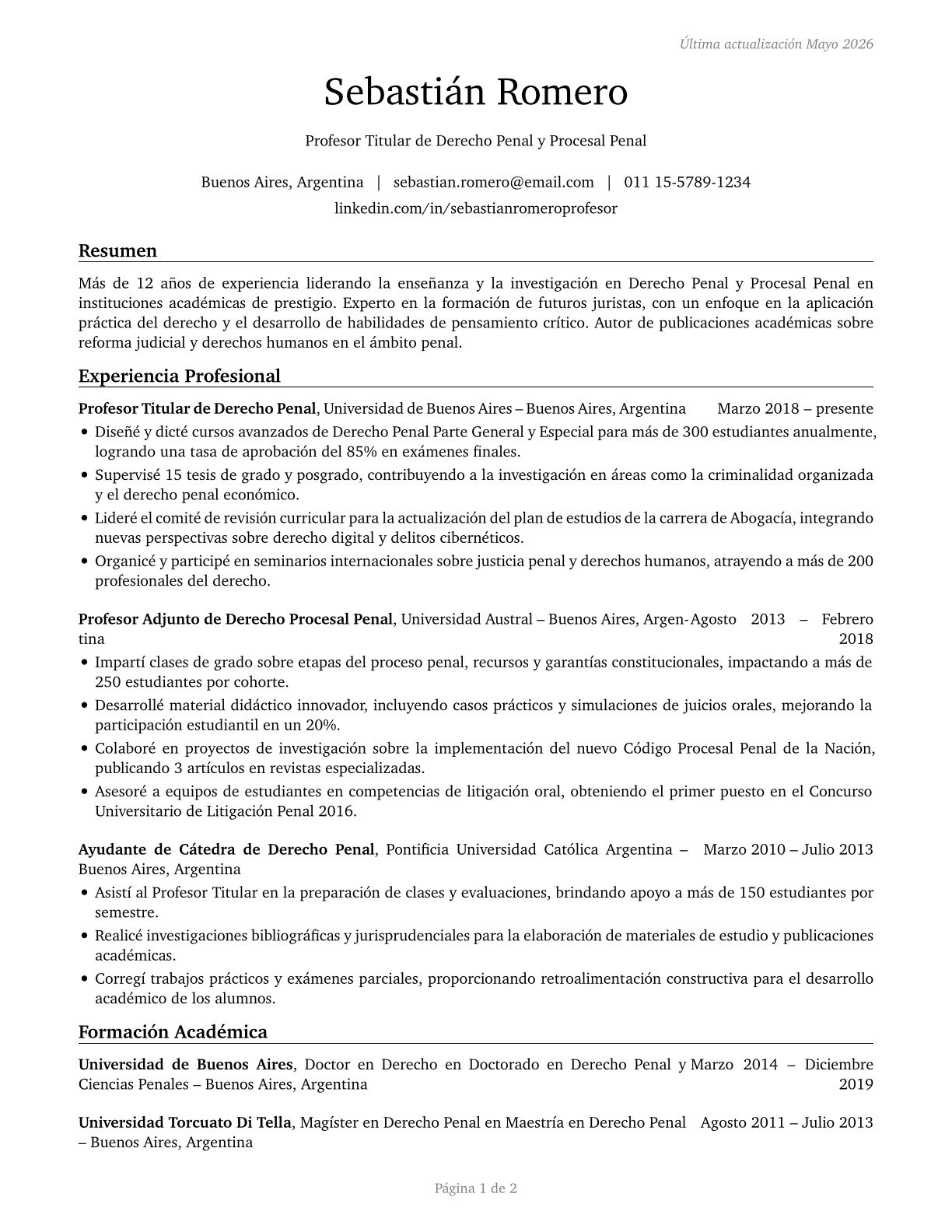 Law Teachers, Postsecondary CV in Spanish — page 1