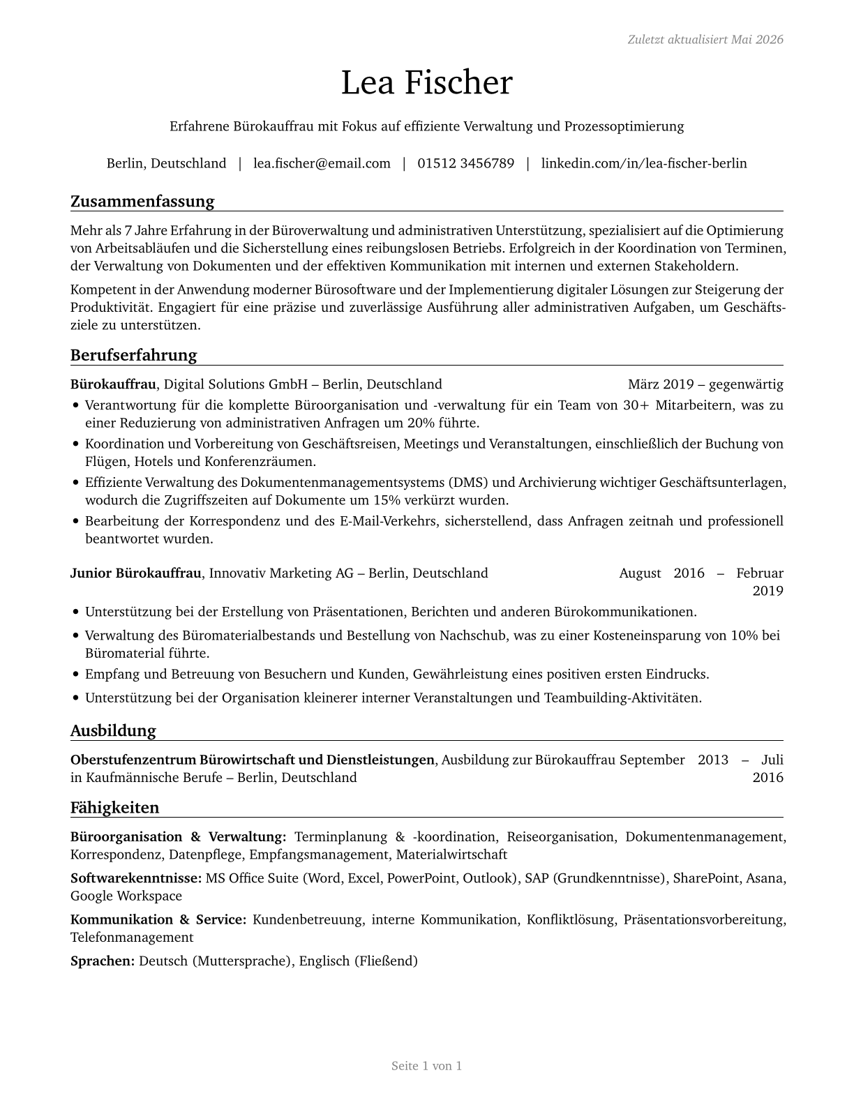 Office and Administrative Support Workers, All Other CV in German — page 1