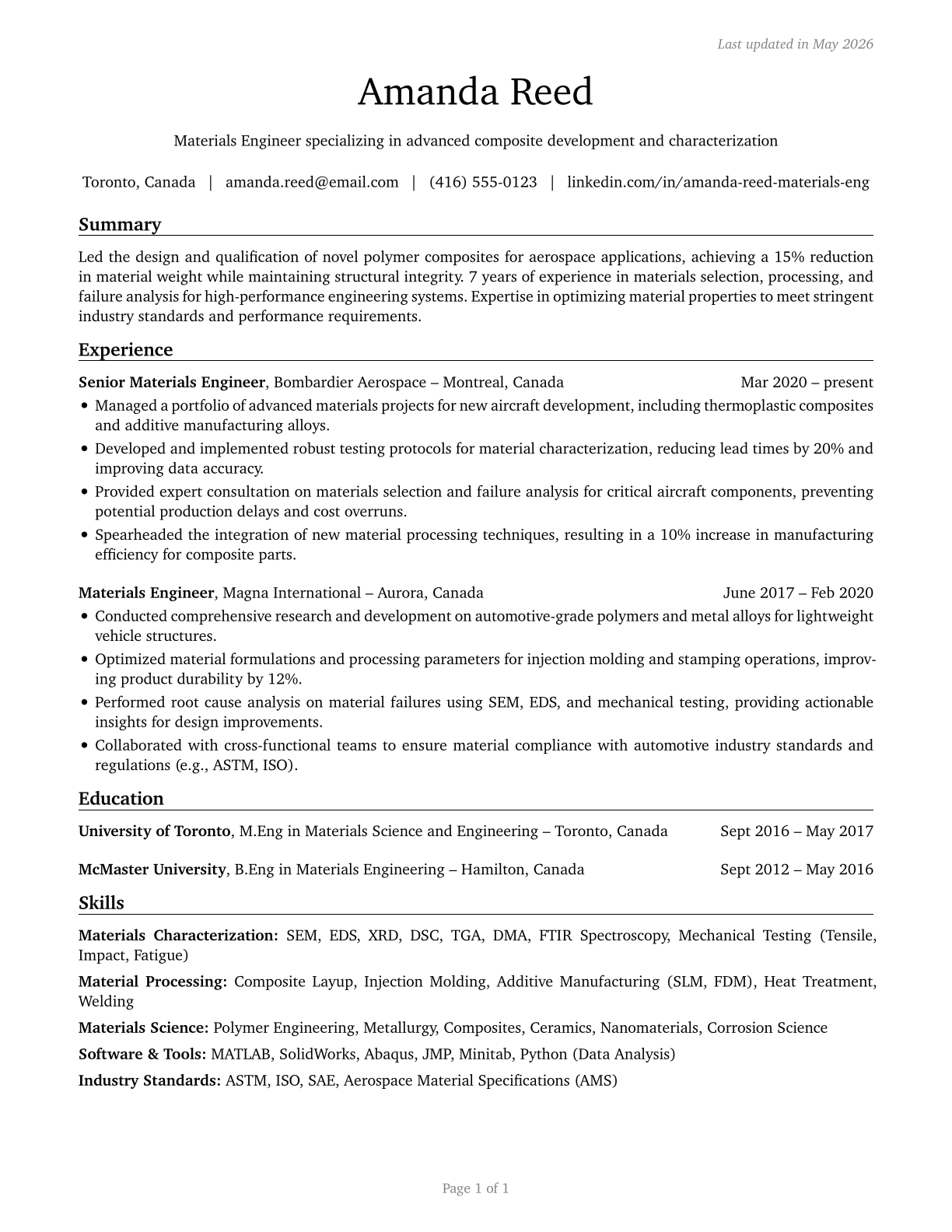 Materials Engineers CV in English — page 1