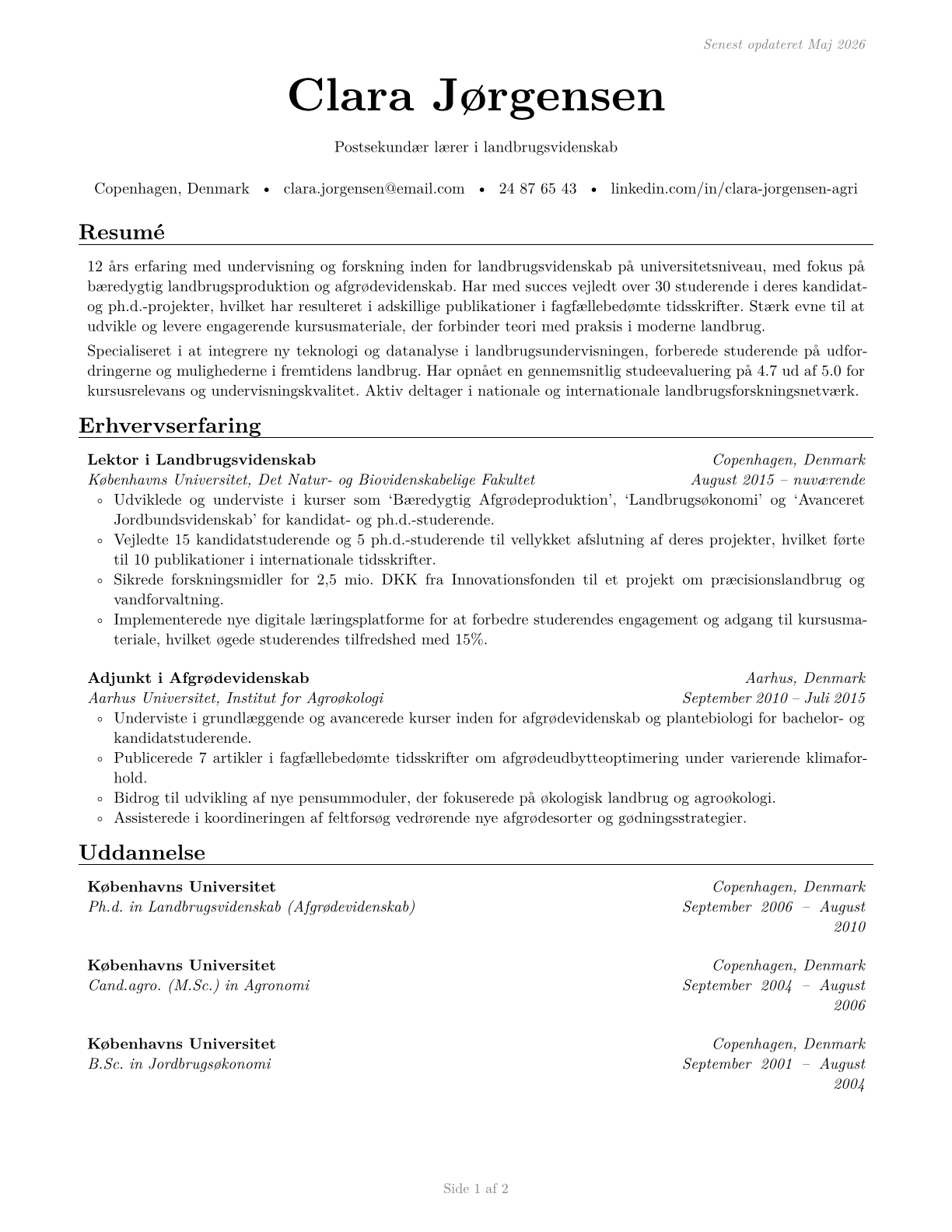 Agricultural Sciences Teachers, Postsecondary CV in Danish — page 1