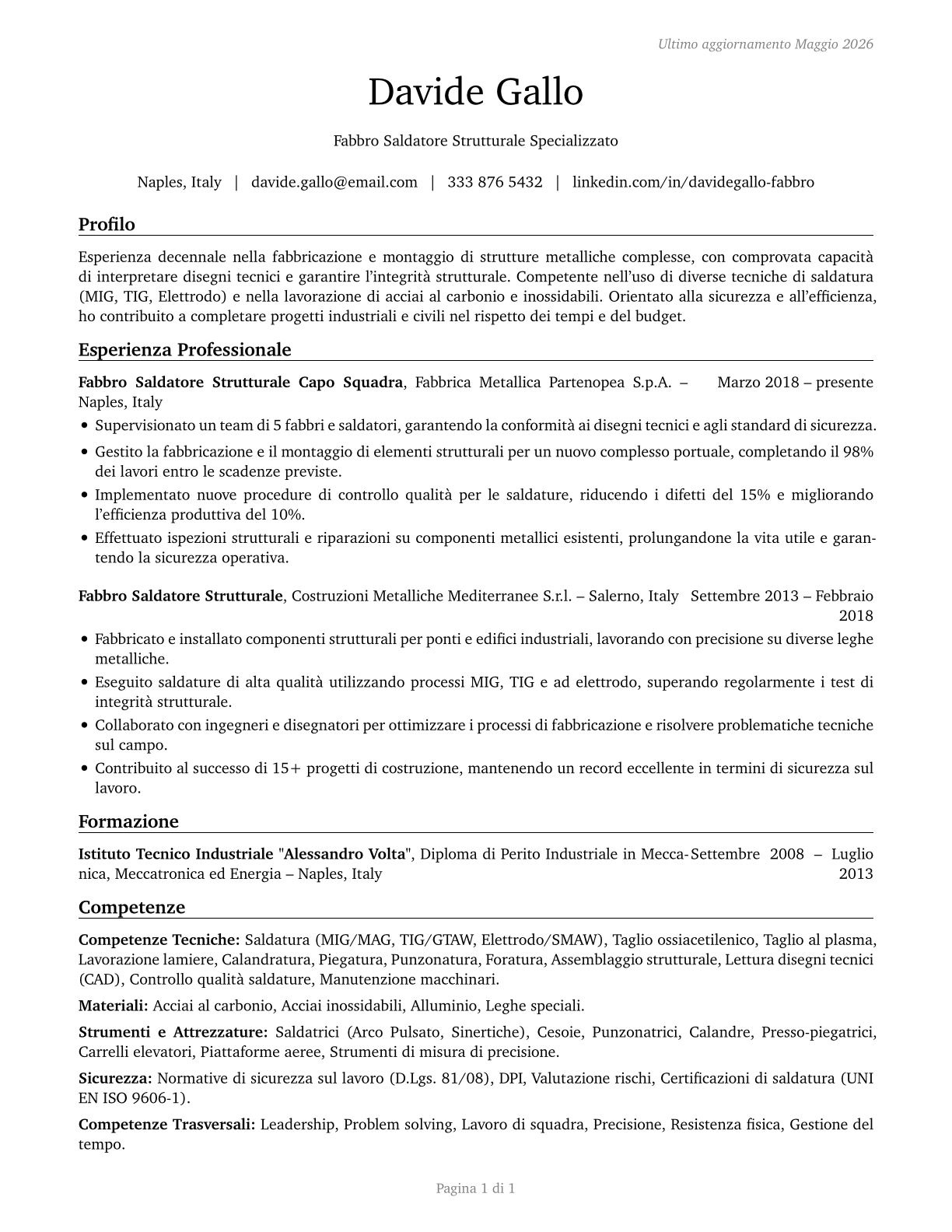 Structural Metal Fabricators and Fitters CV in Italian — page 1