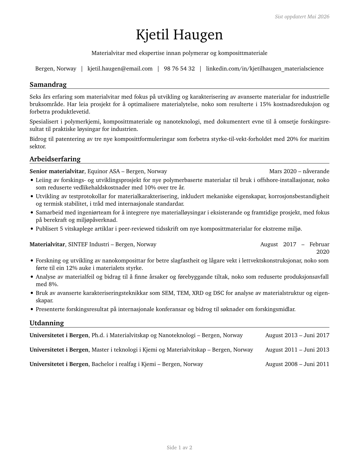 Materials Scientists CV in Norwegian_nynorsk — page 1
