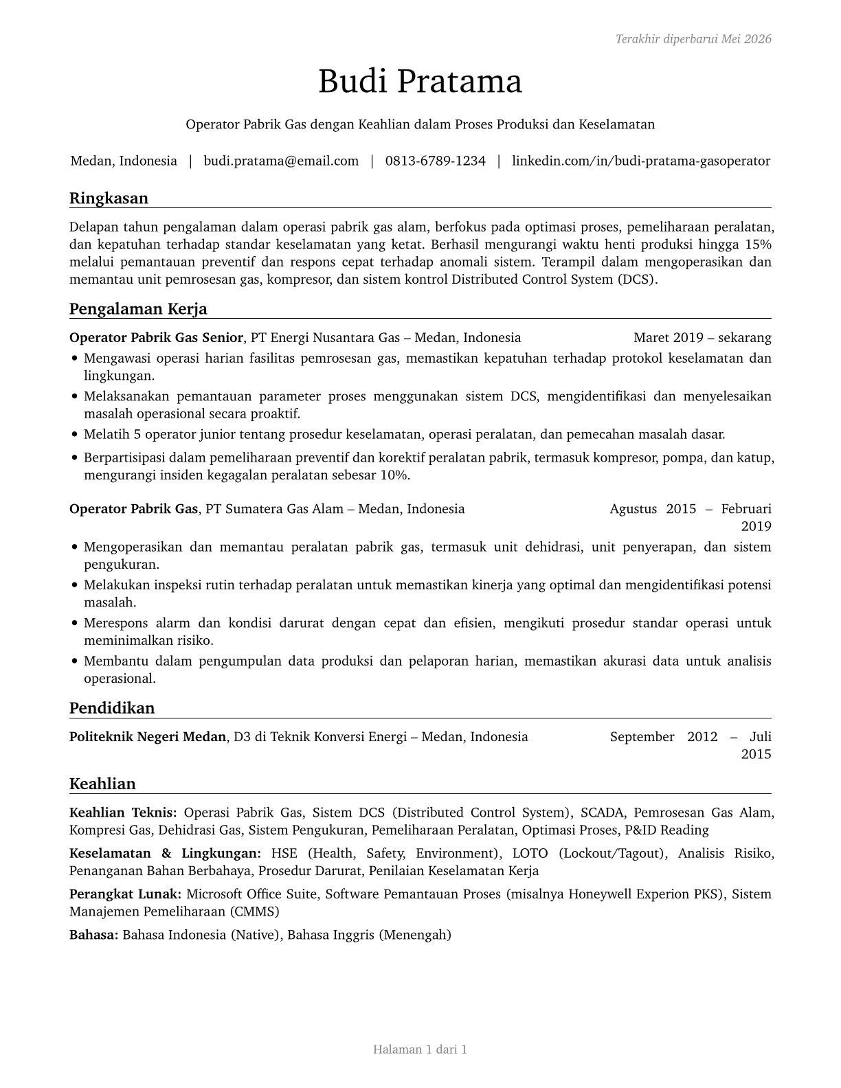 Gas Plant Operators CV in Indonesian — page 1