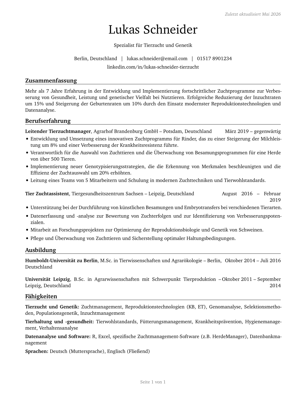 Animal Breeders CV in German — page 1