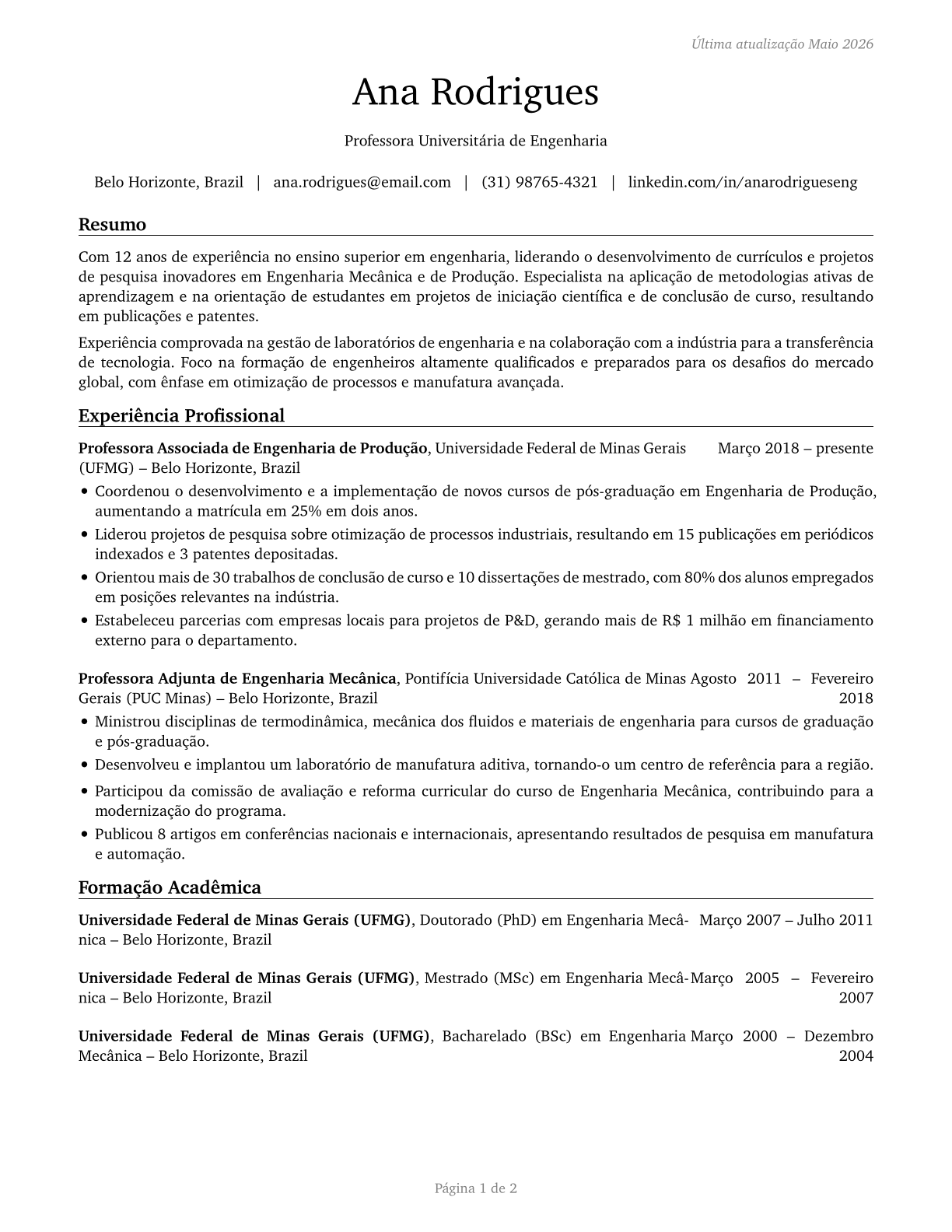 Engineering Teachers, Postsecondary CV in Portuguese — page 1