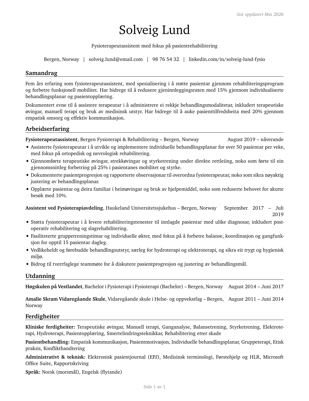 Physical Therapist Assistants CV in Norwegian_nynorsk — page 1