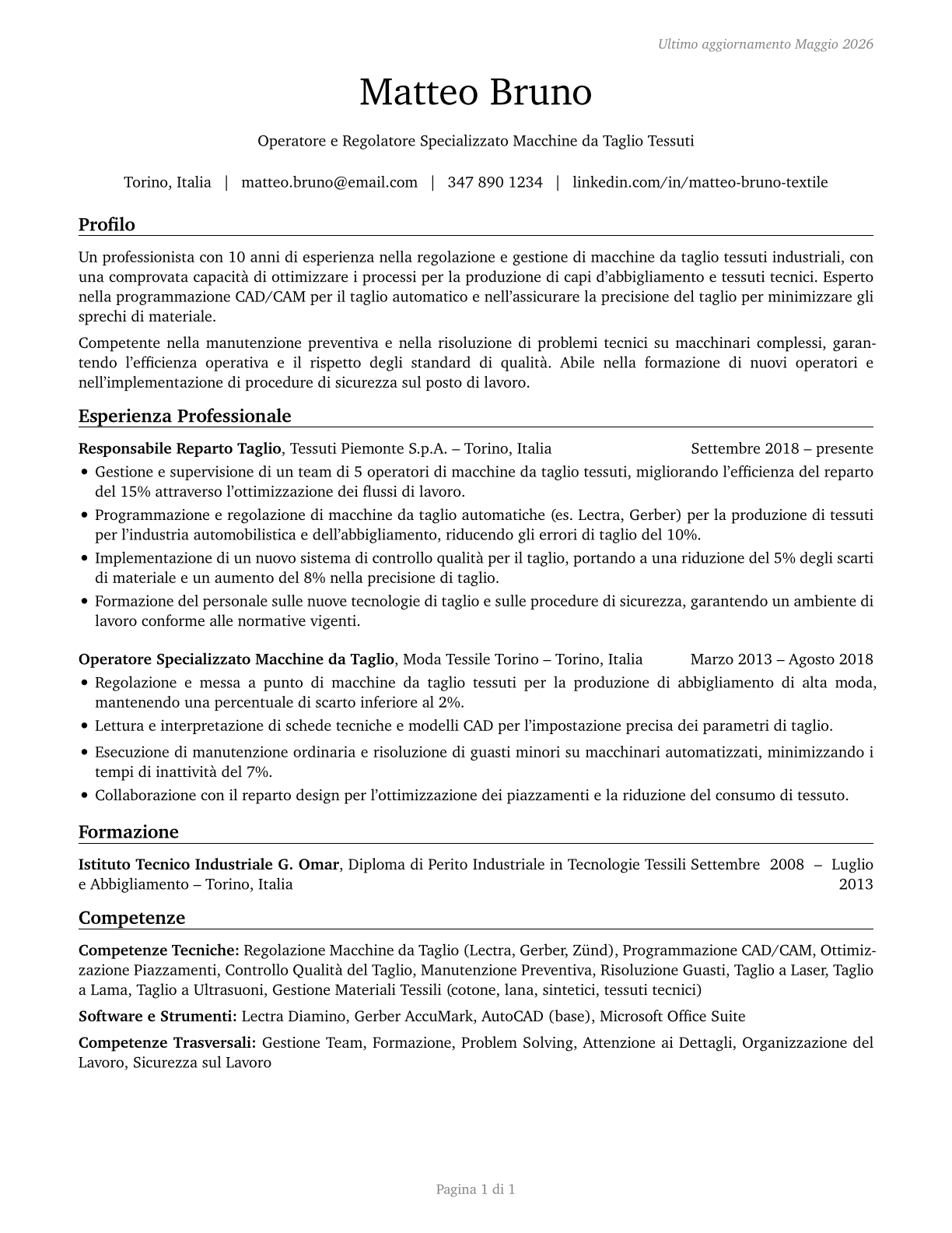 Textile Cutting Machine Setters, Operators, and Tenders CV in Italian — page 1