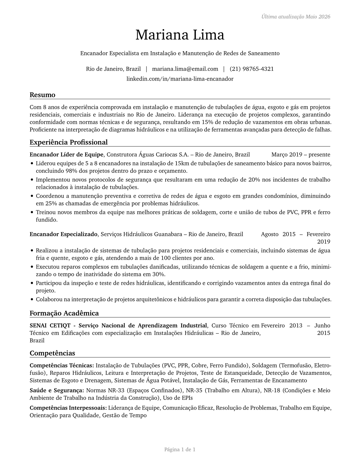 Pipelayers CV in Portuguese — page 1