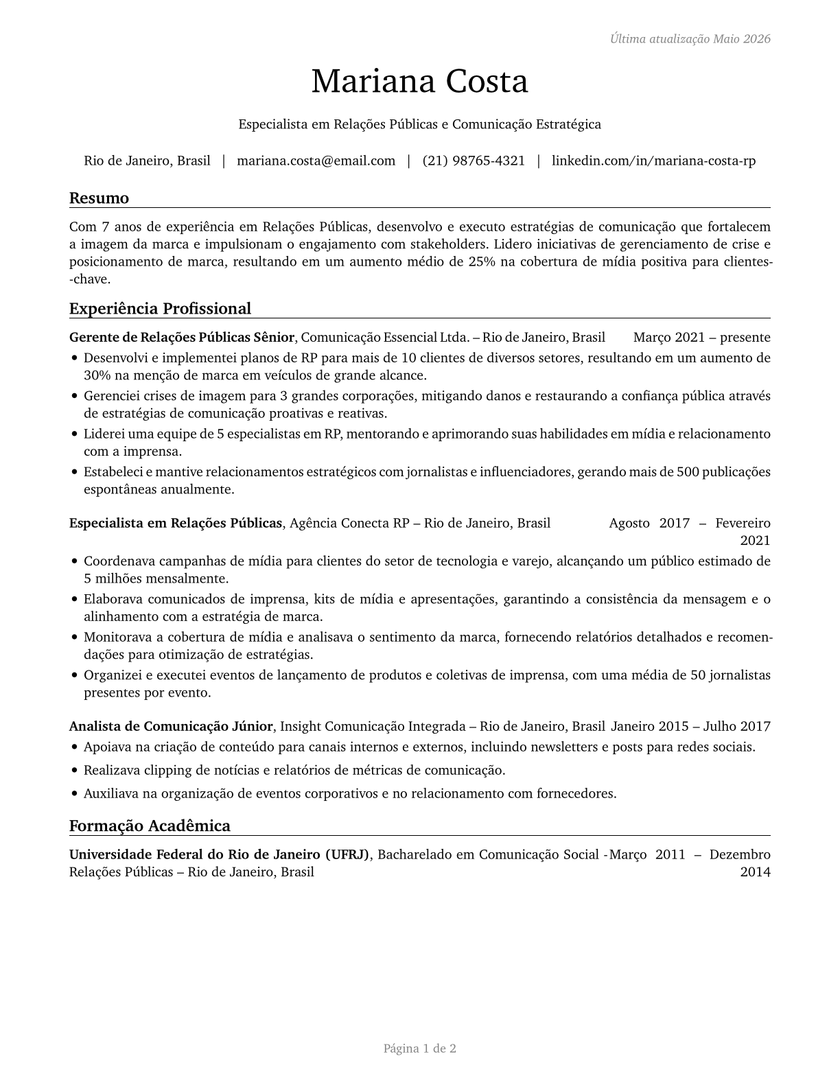 Public Relations Specialists CV in Portuguese — page 1