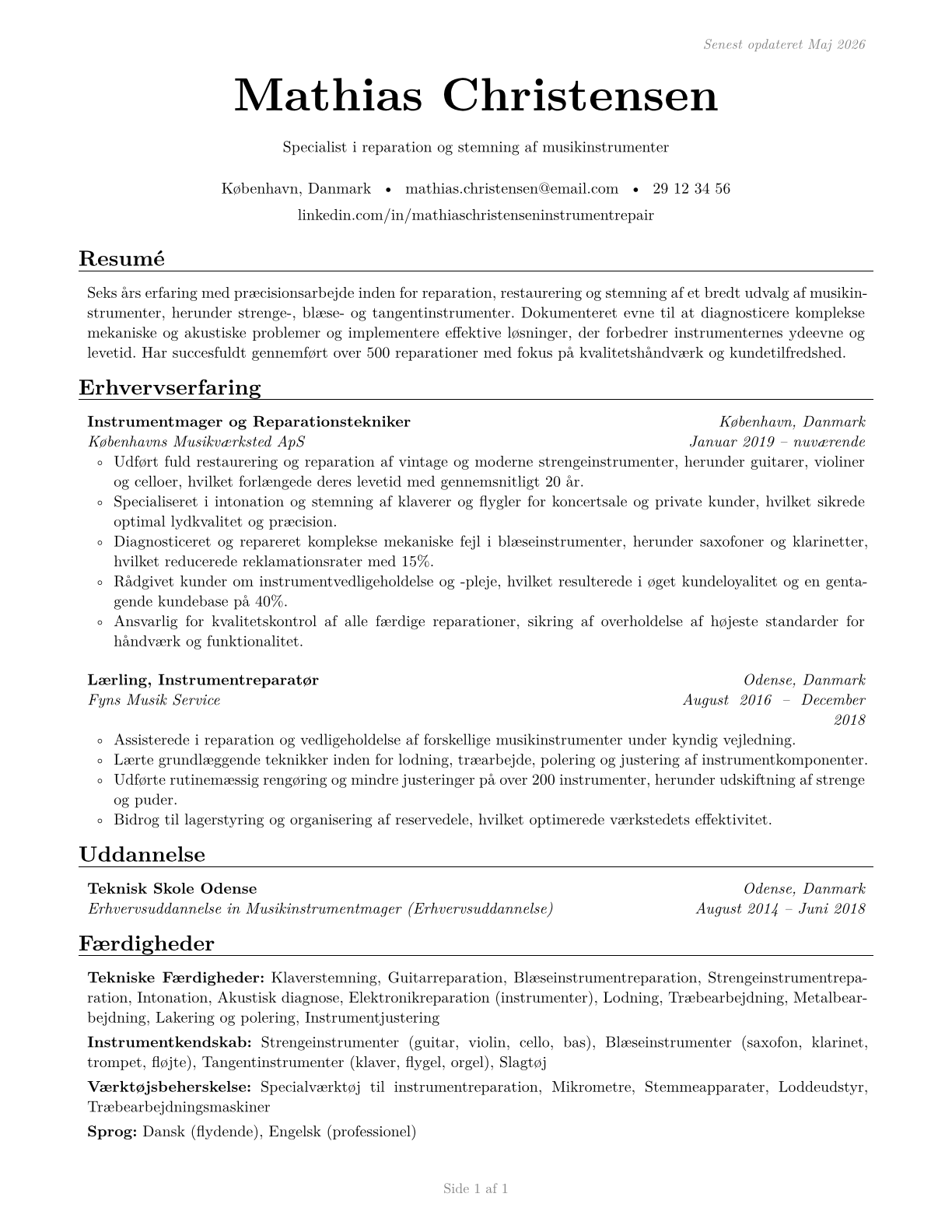 Musical Instrument Repairers and Tuners CV in Danish — page 1