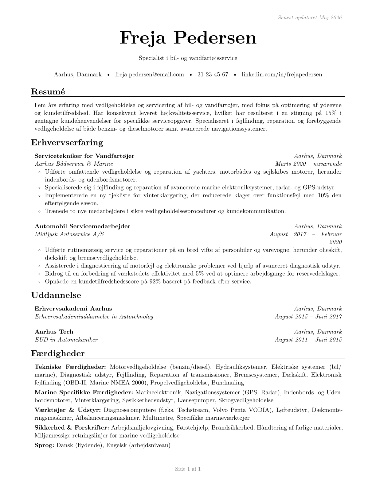 Automotive and Watercraft Service Attendants CV in Danish — page 1