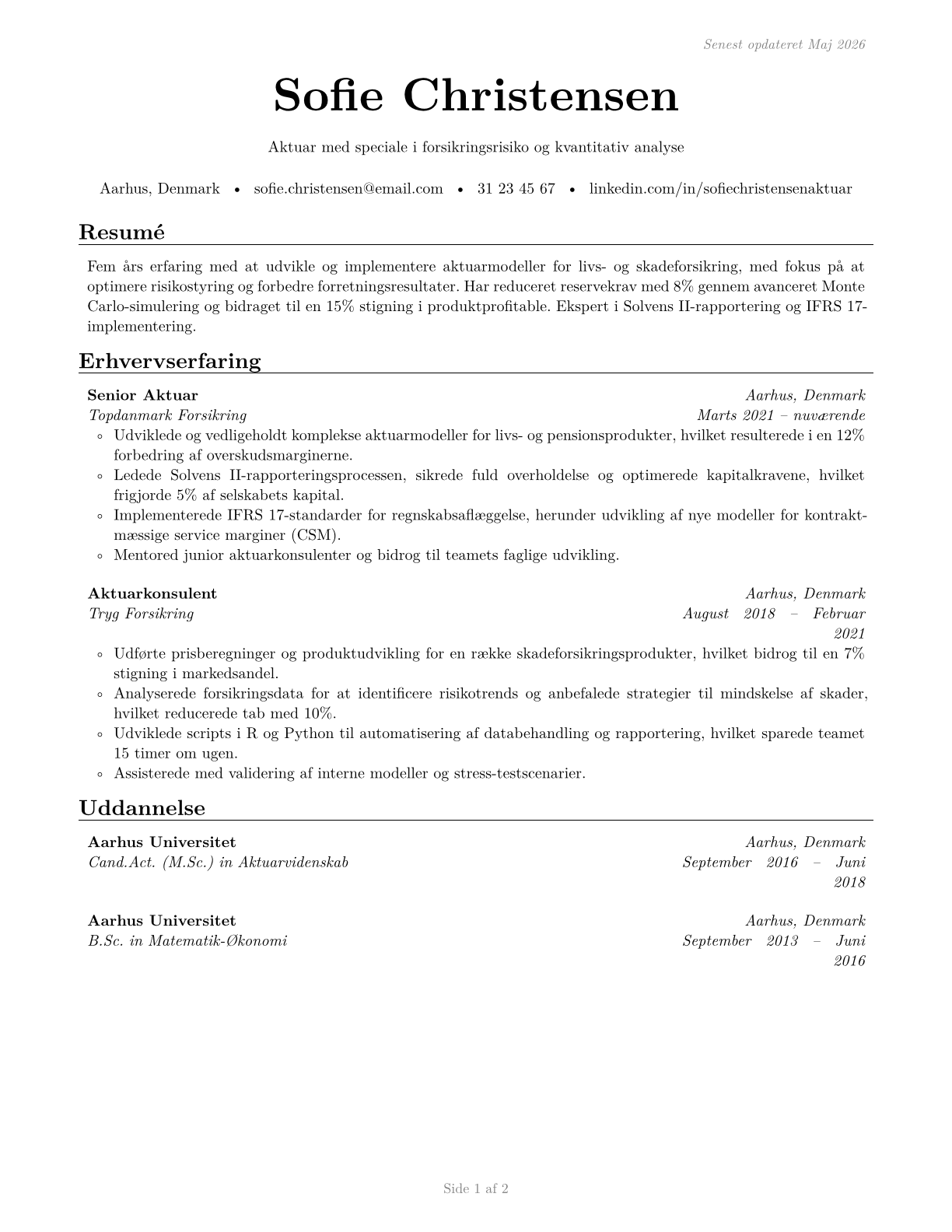 Actuaries CV in Danish — page 1