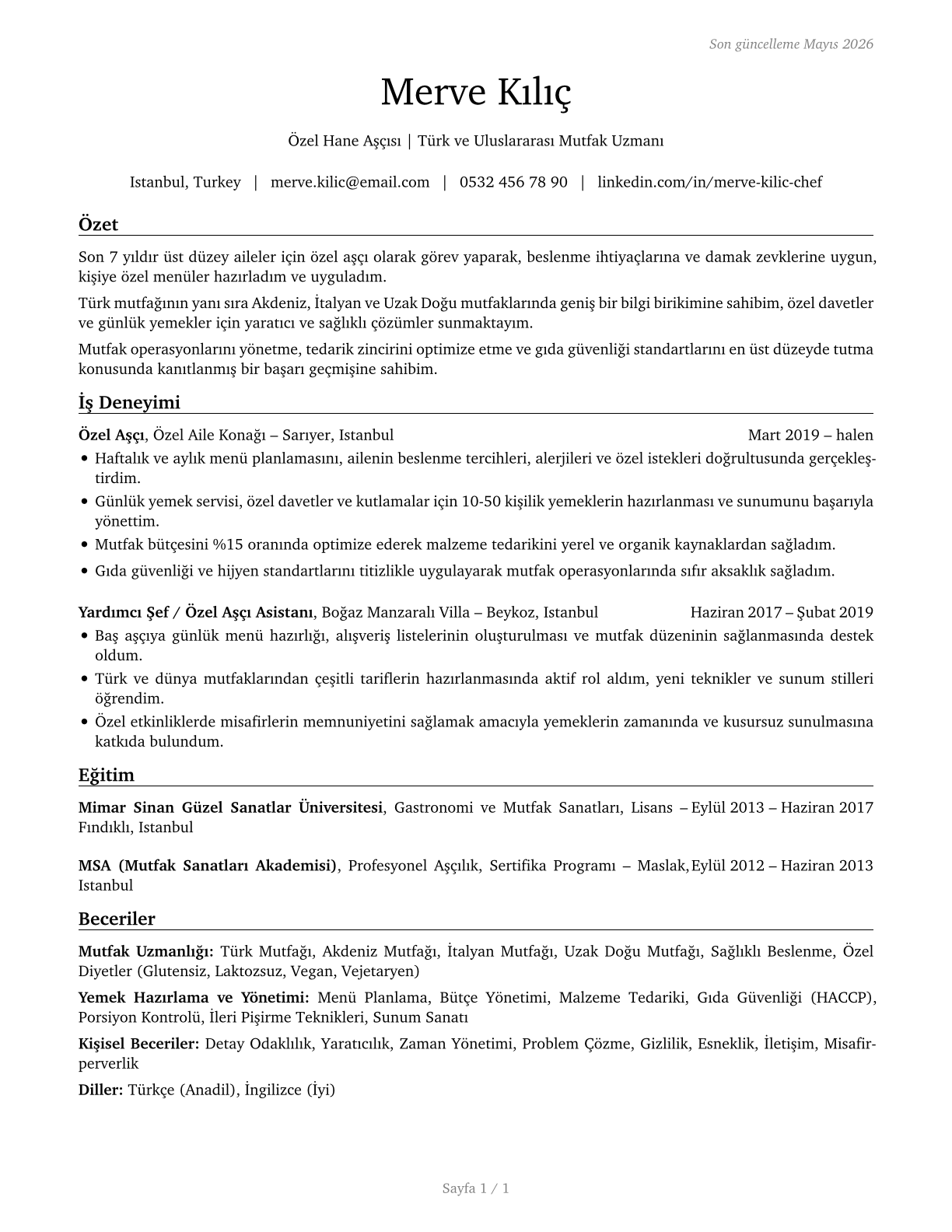 Cooks, Private Household CV in Turkish — page 1