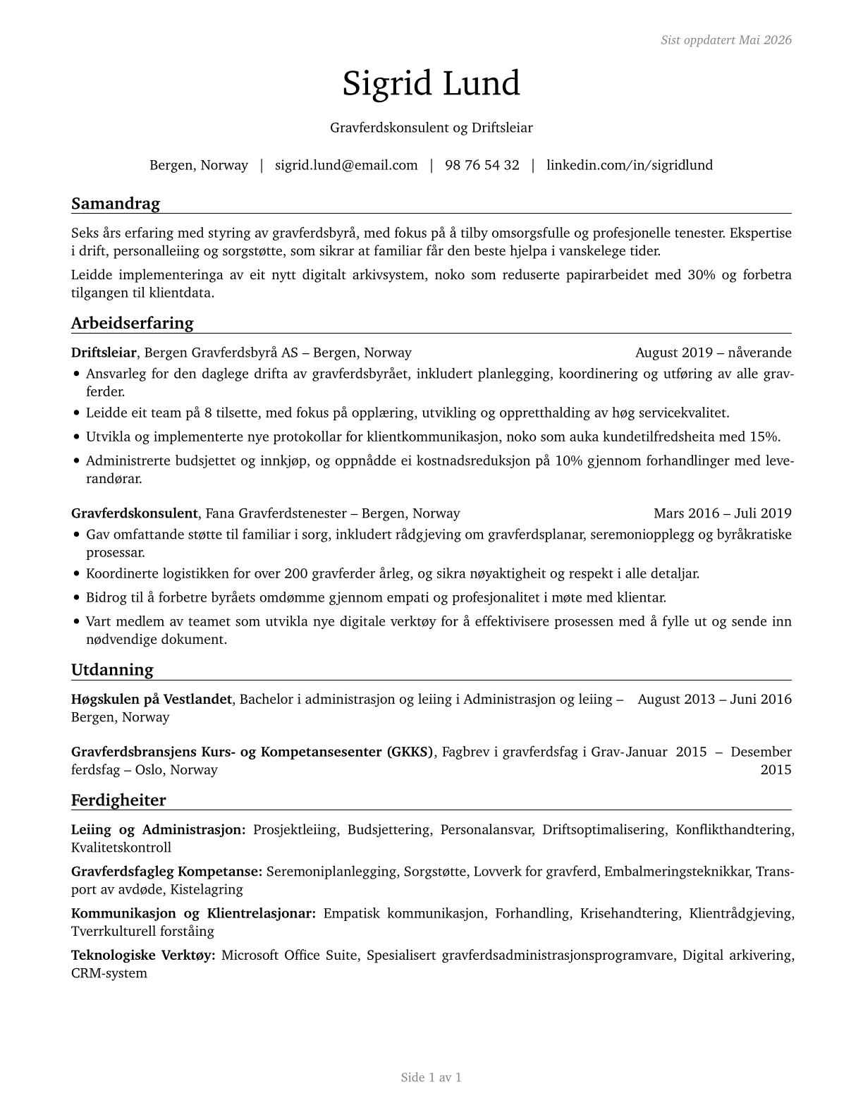 Funeral Home Managers CV in Norwegian_nynorsk — page 1