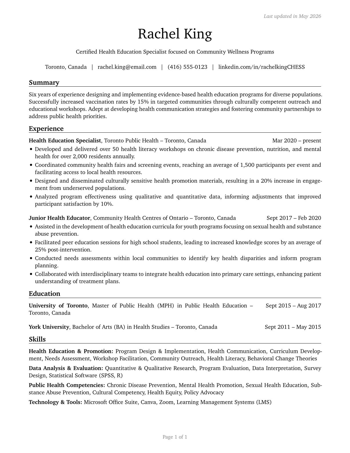 Health Education Specialists CV in English — page 1