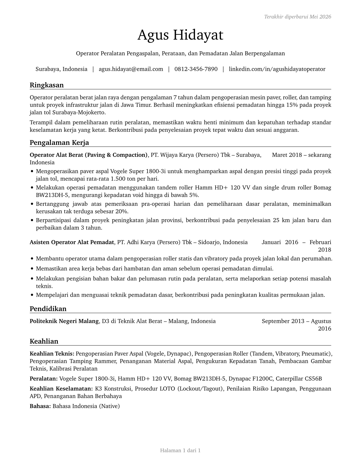 Paving, Surfacing, and Tamping Equipment Operators CV in Indonesian — page 1