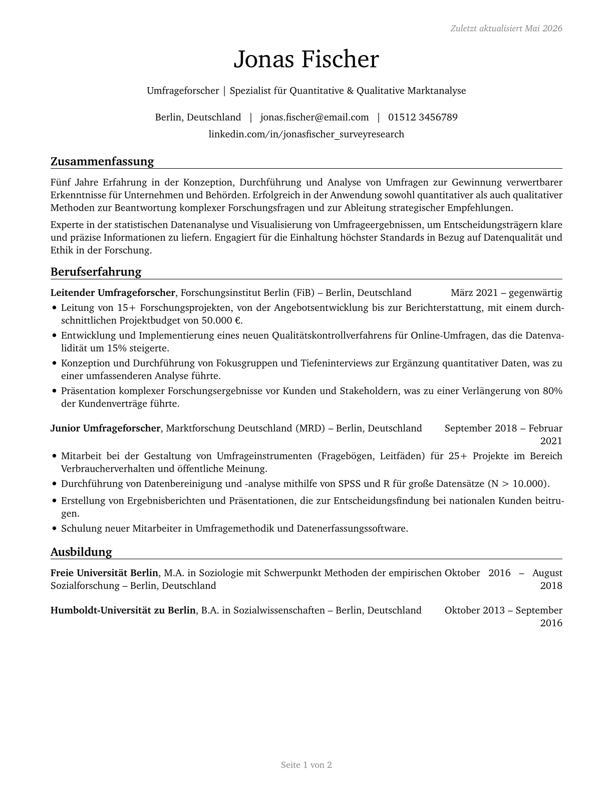 Survey Researchers CV in German — page 1