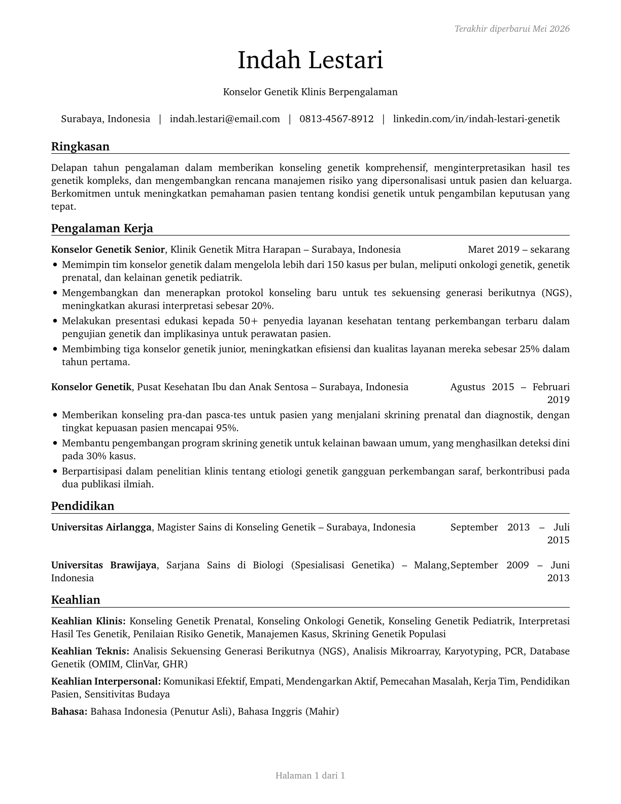 Genetic Counselors CV in Indonesian — page 1