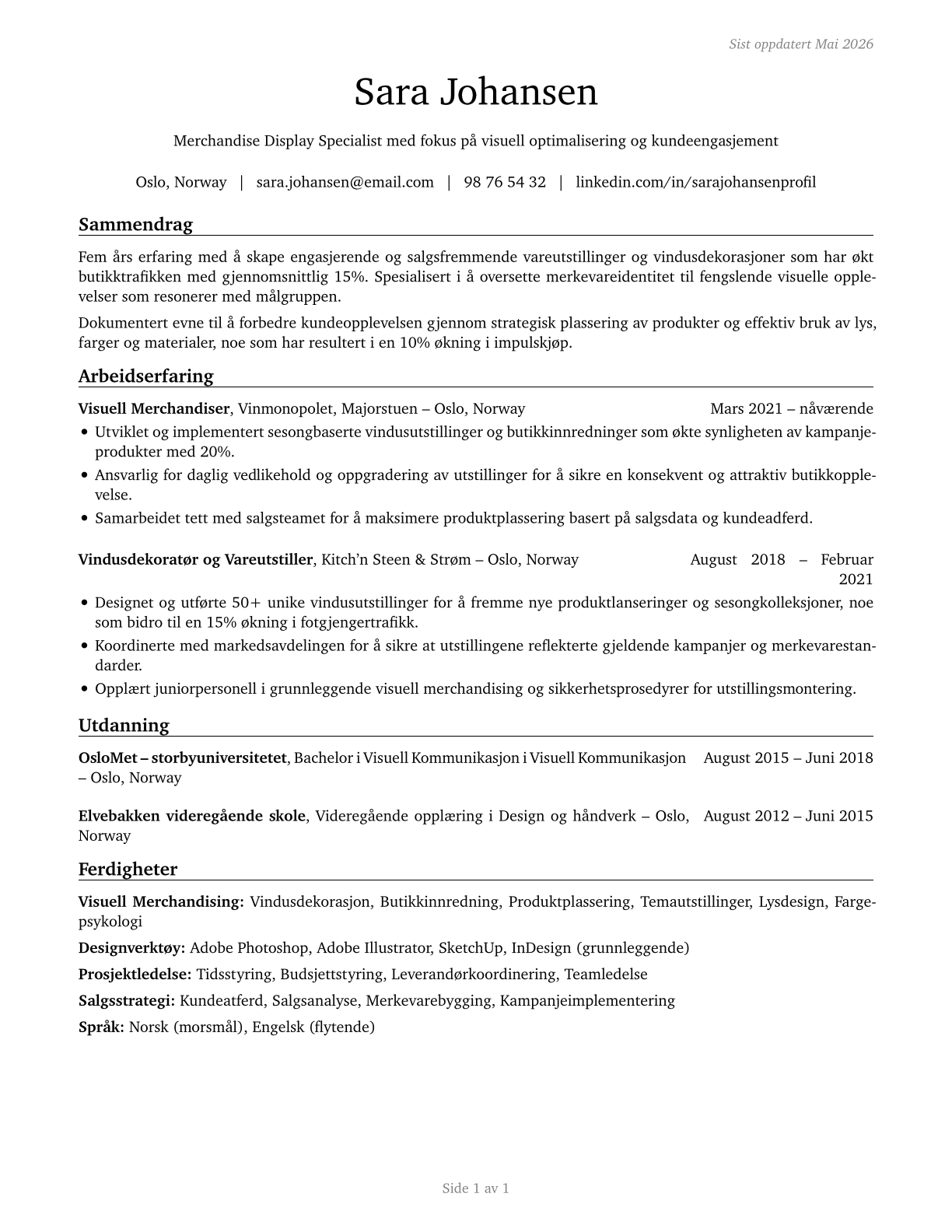 Merchandise Displayers and Window Trimmers CV in Norwegian_bokmal — page 1