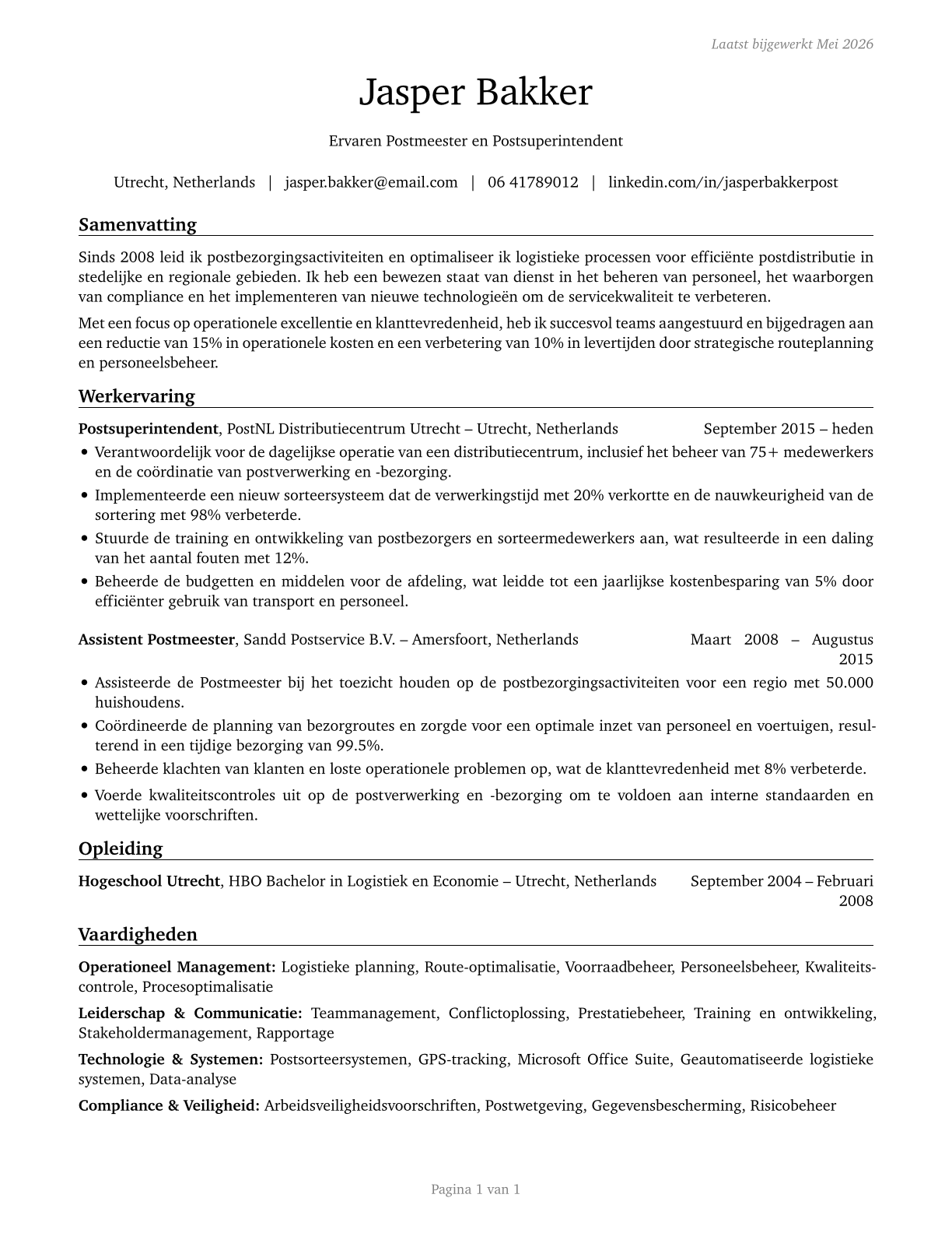 Postmasters and Mail Superintendents CV in Dutch — page 1