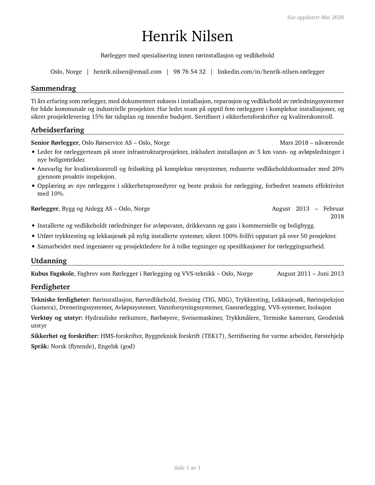 Pipelayers CV in Norwegian_bokmal — page 1
