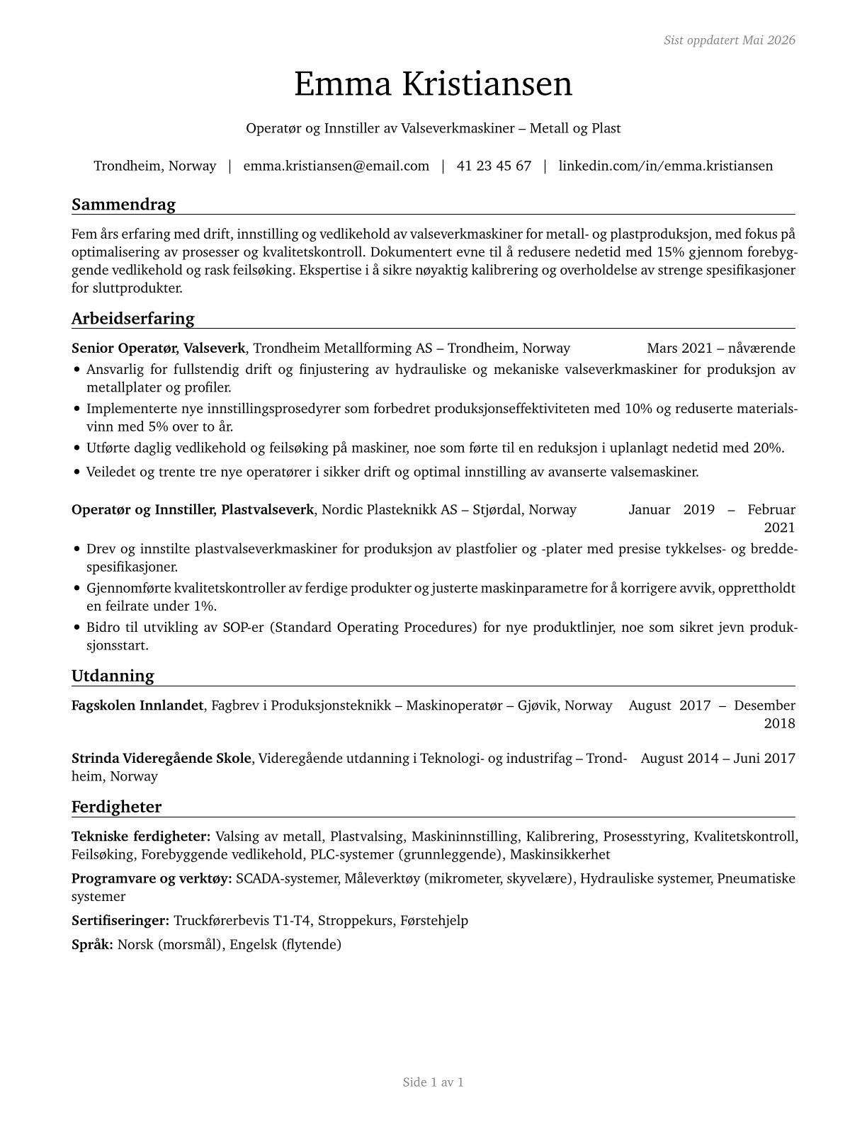 Rolling Machine Setters, Operators, and Tenders, Metal and Plastic CV in Norwegian_bokmal — page 1