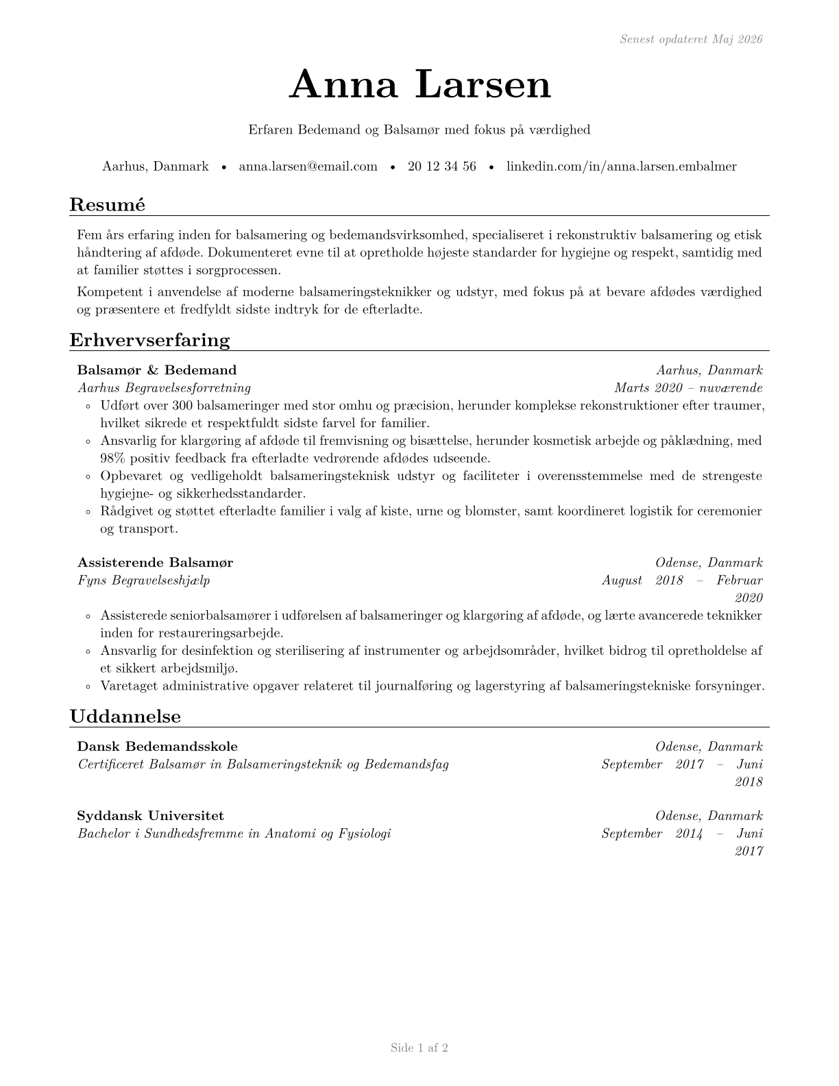 Embalmers CV in Danish — page 1