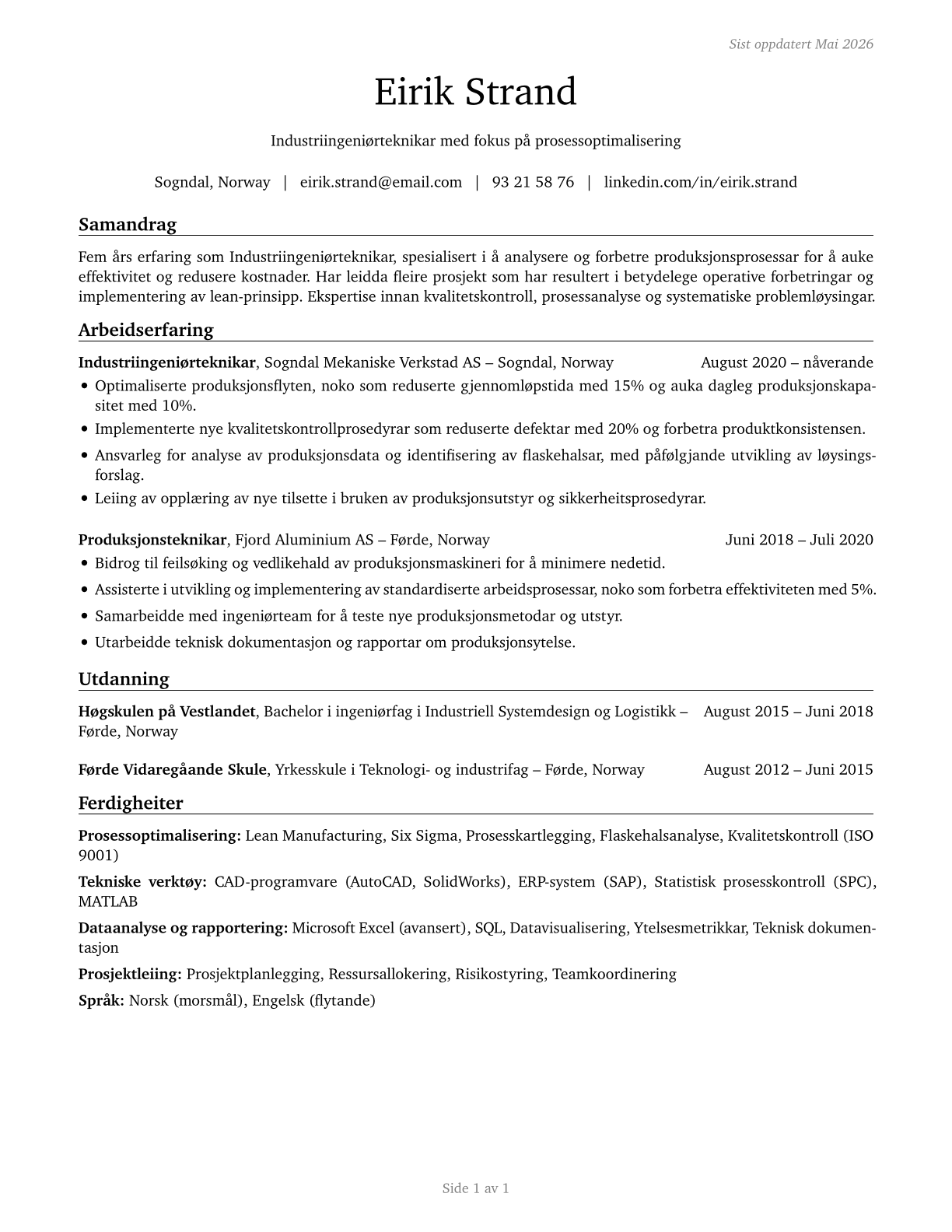 Industrial Engineering Technologists and Technicians CV in Norwegian_nynorsk — page 1