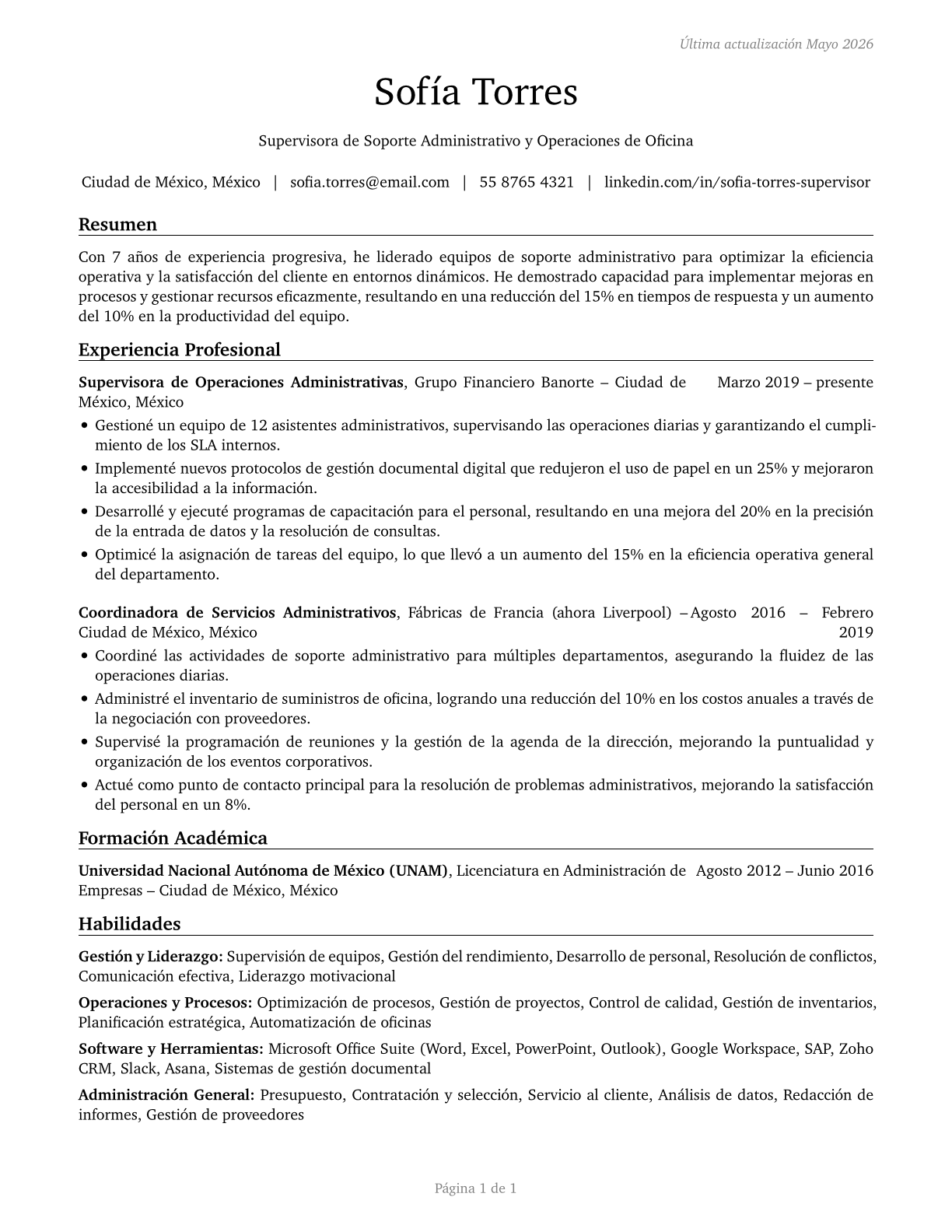 First-Line Supervisors of Office and Administrative Support Workers CV in Spanish — page 1