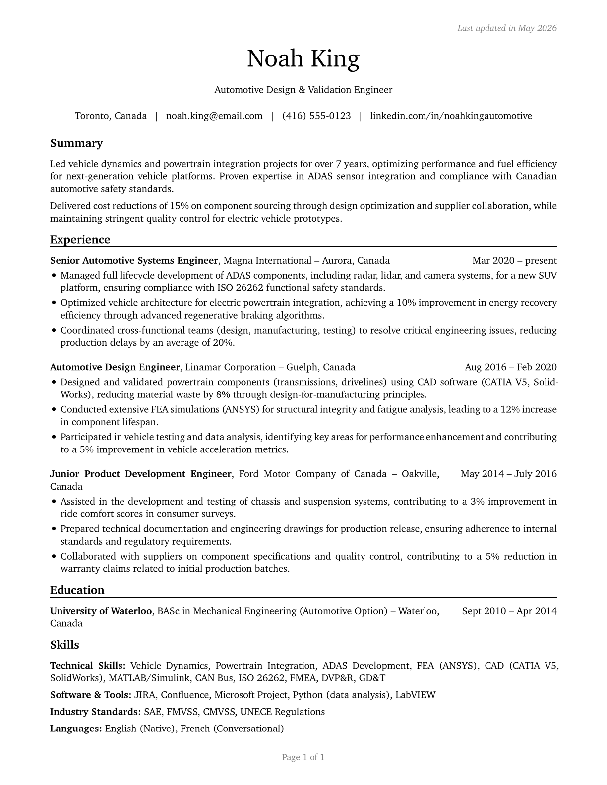 Automotive Engineers CV in English — page 1