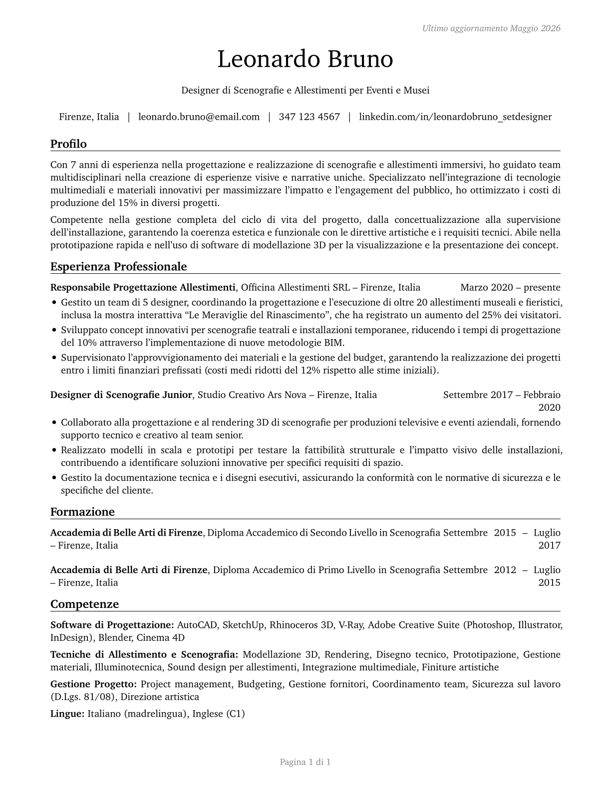 Set and Exhibit Designers CV in Italian — page 1