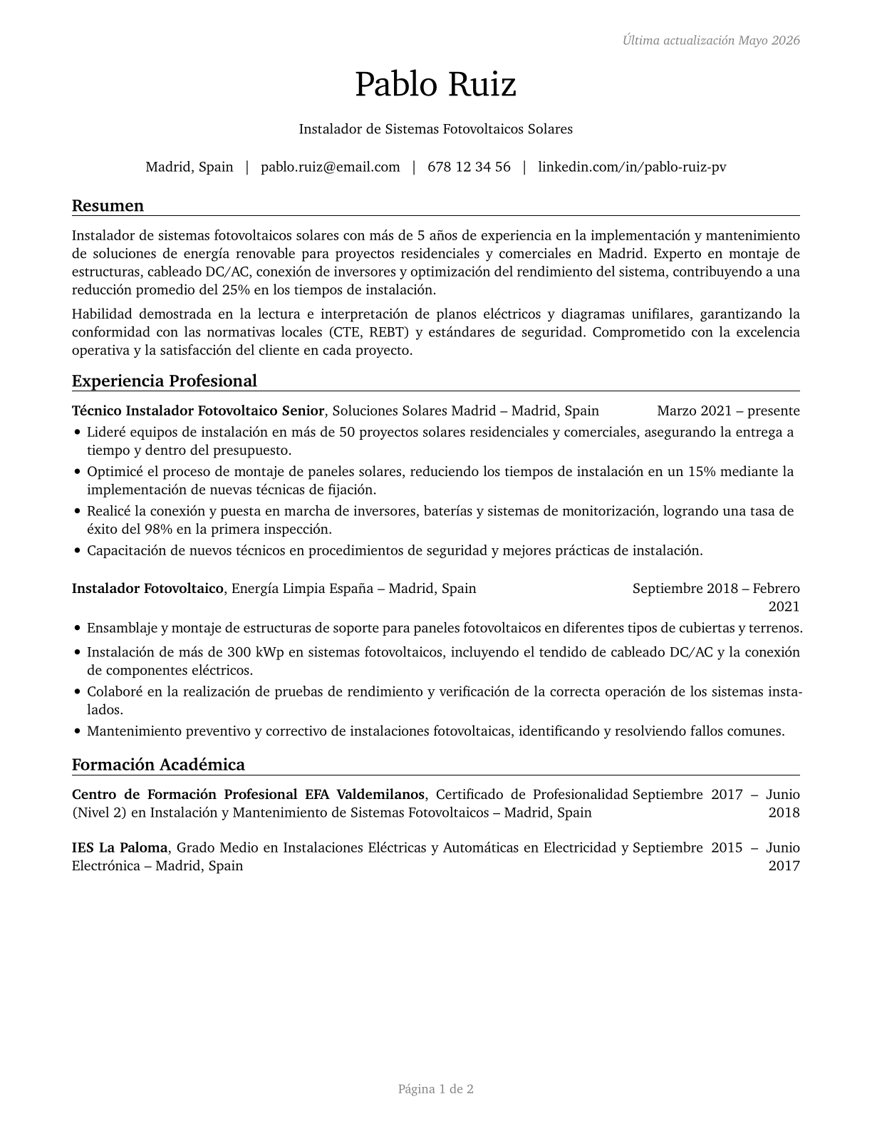 Solar Photovoltaic Installers CV in Spanish — page 1