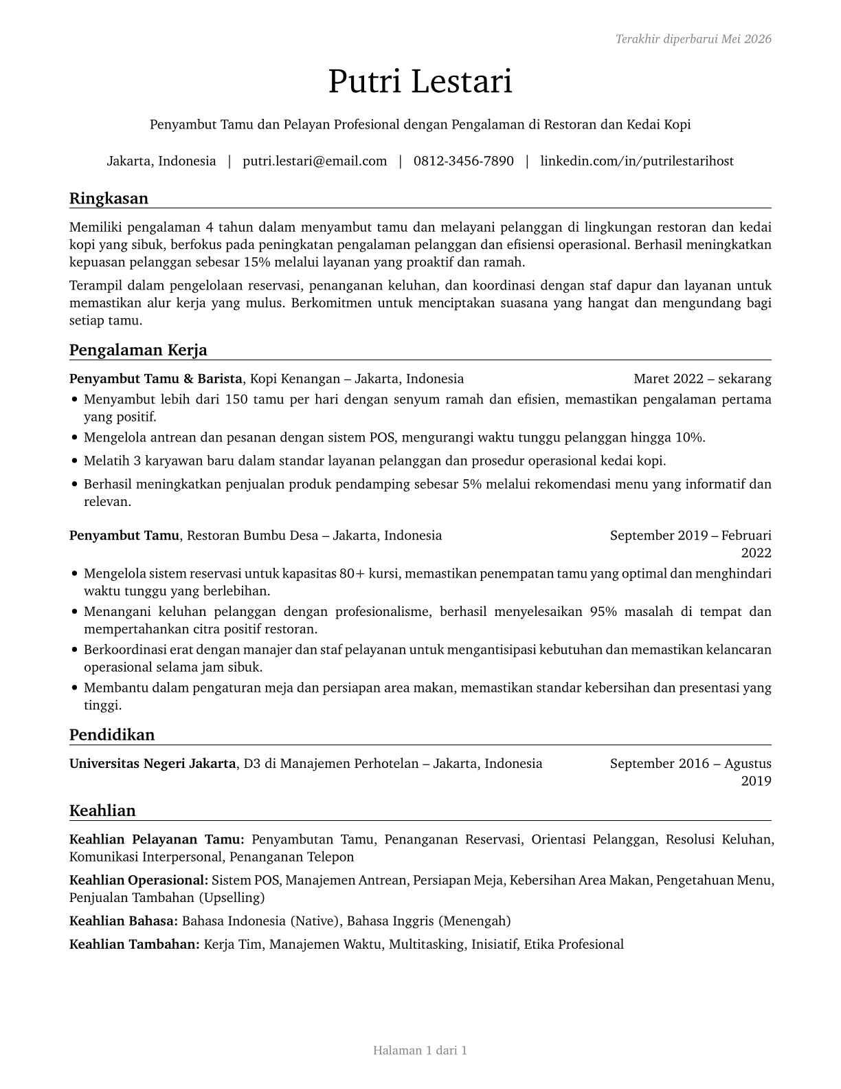 Hosts and Hostesses, Restaurant, Lounge, and Coffee Shop CV in Indonesian — page 1