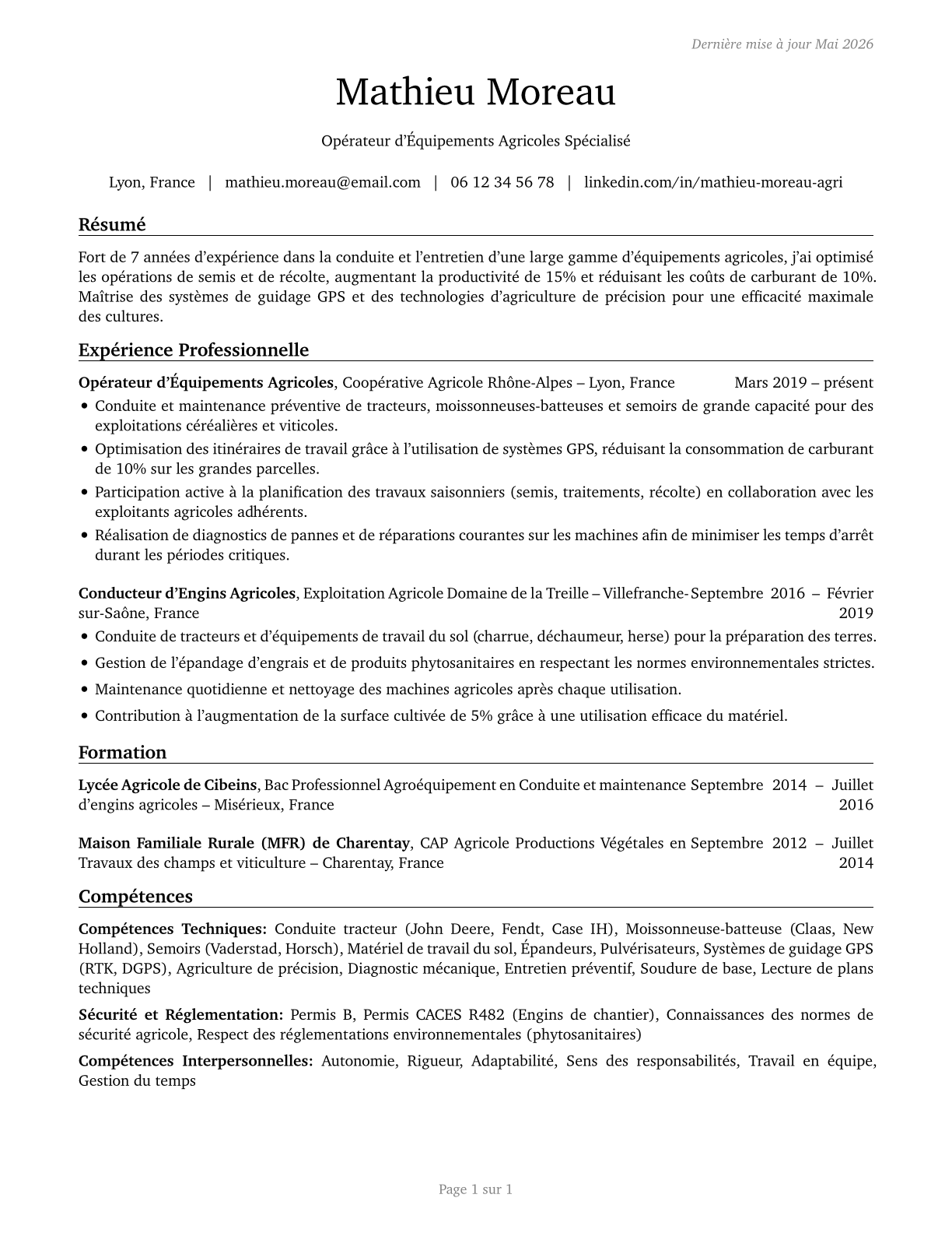Agricultural Equipment Operators CV in French — page 1
