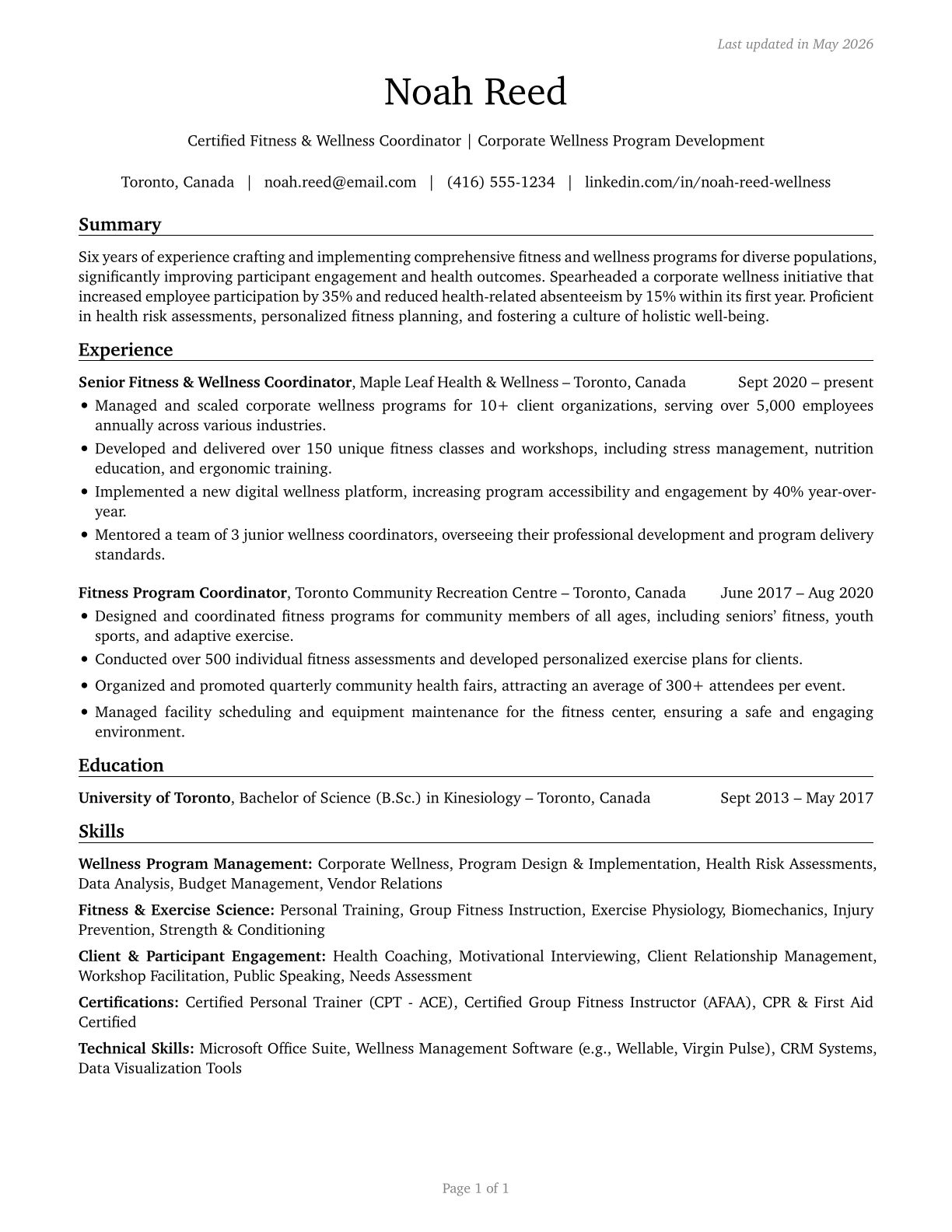 Fitness and Wellness Coordinators CV in English — page 1