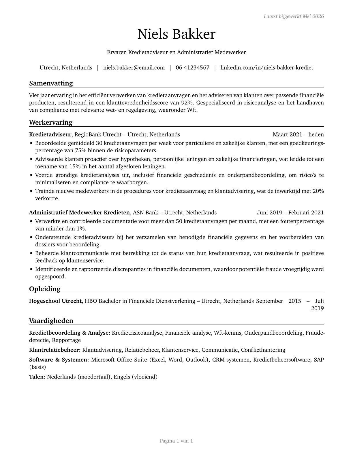 Loan Interviewers and Clerks CV in Dutch — page 1