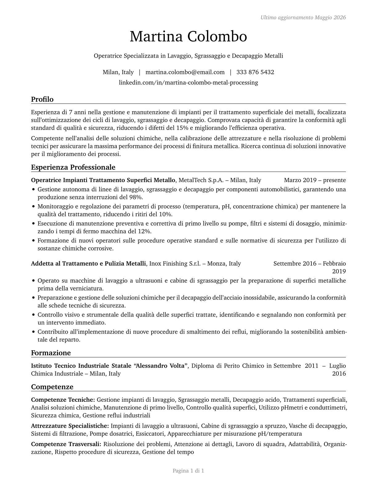 Cleaning, Washing, and Metal Pickling Equipment Operators and Tenders CV in Italian — page 1