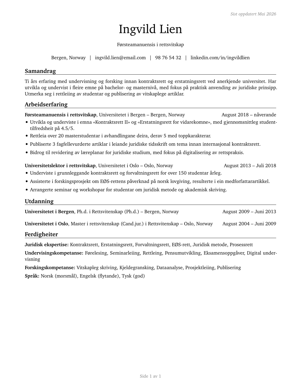 Law Teachers, Postsecondary CV in Norwegian_nynorsk — page 1