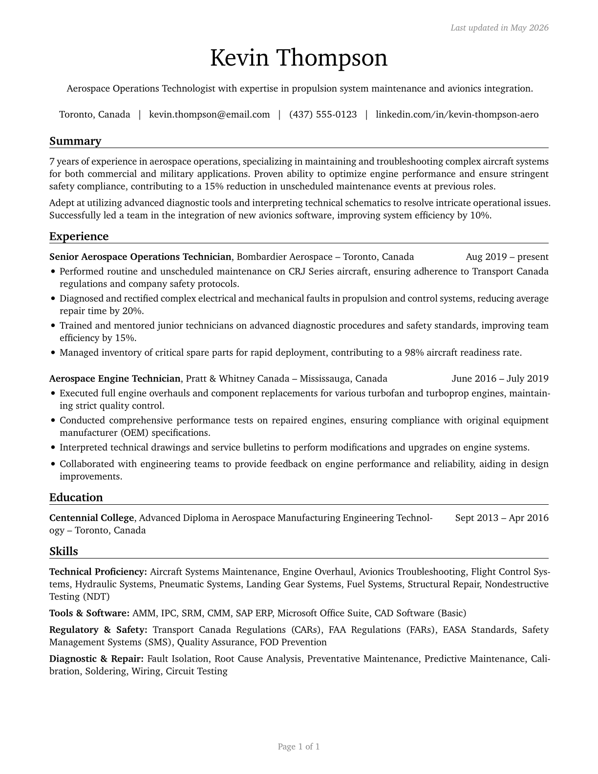 Aerospace Engineering and Operations Technologists and Technicians CV in English — page 1