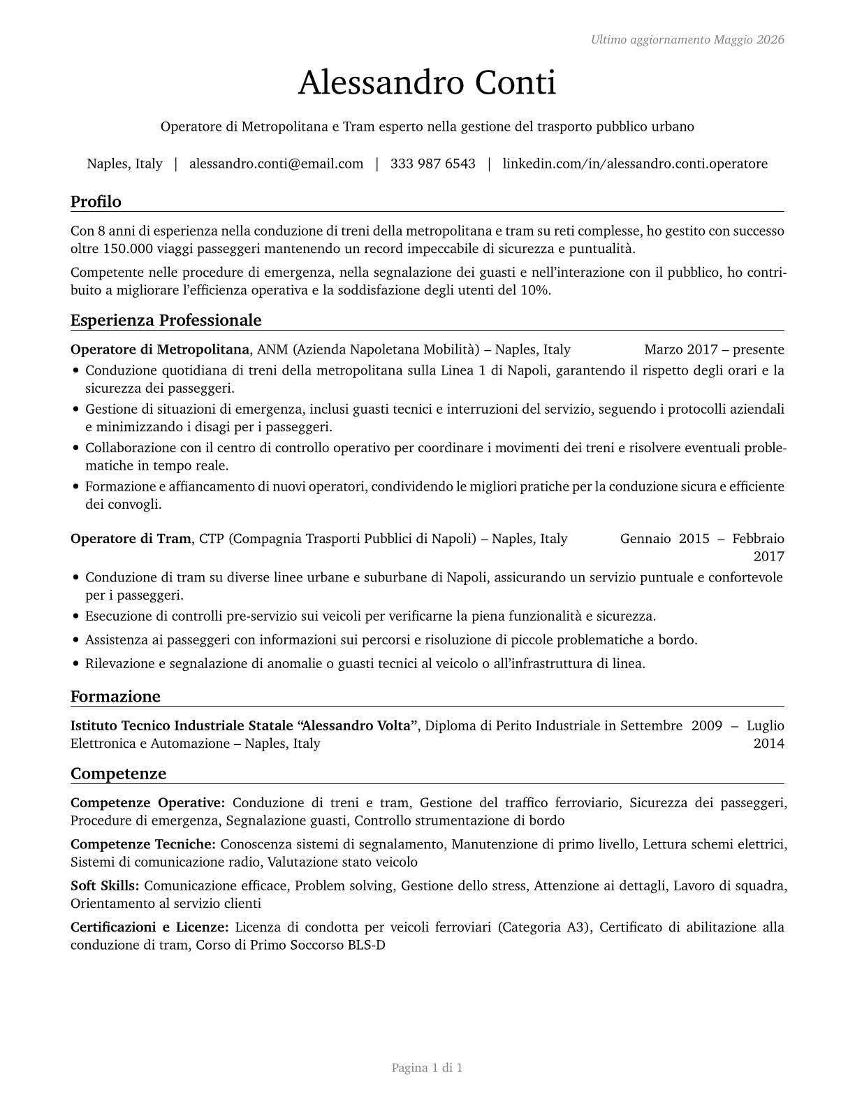 Subway and Streetcar Operators CV in Italian — page 1
