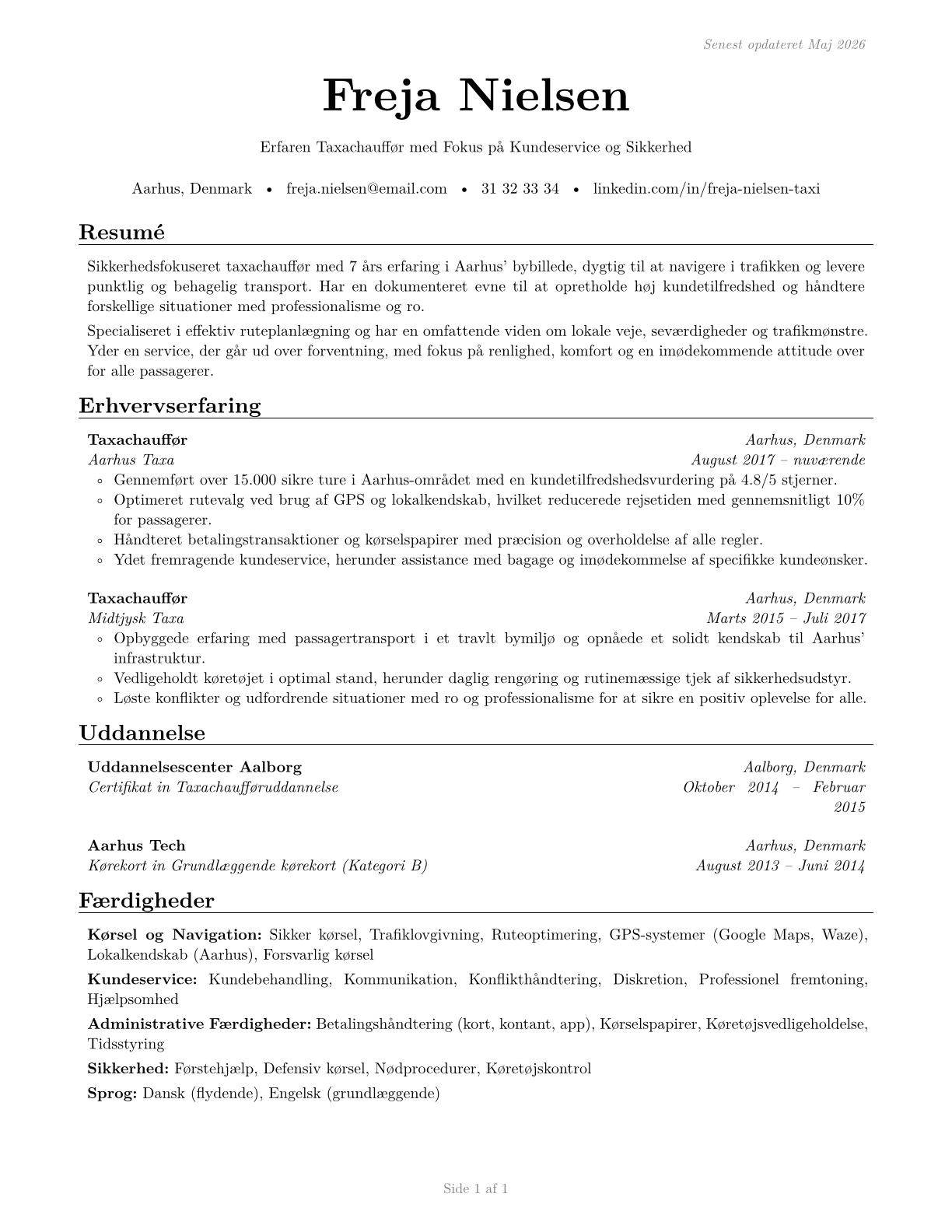Taxi Drivers CV in Danish — page 1