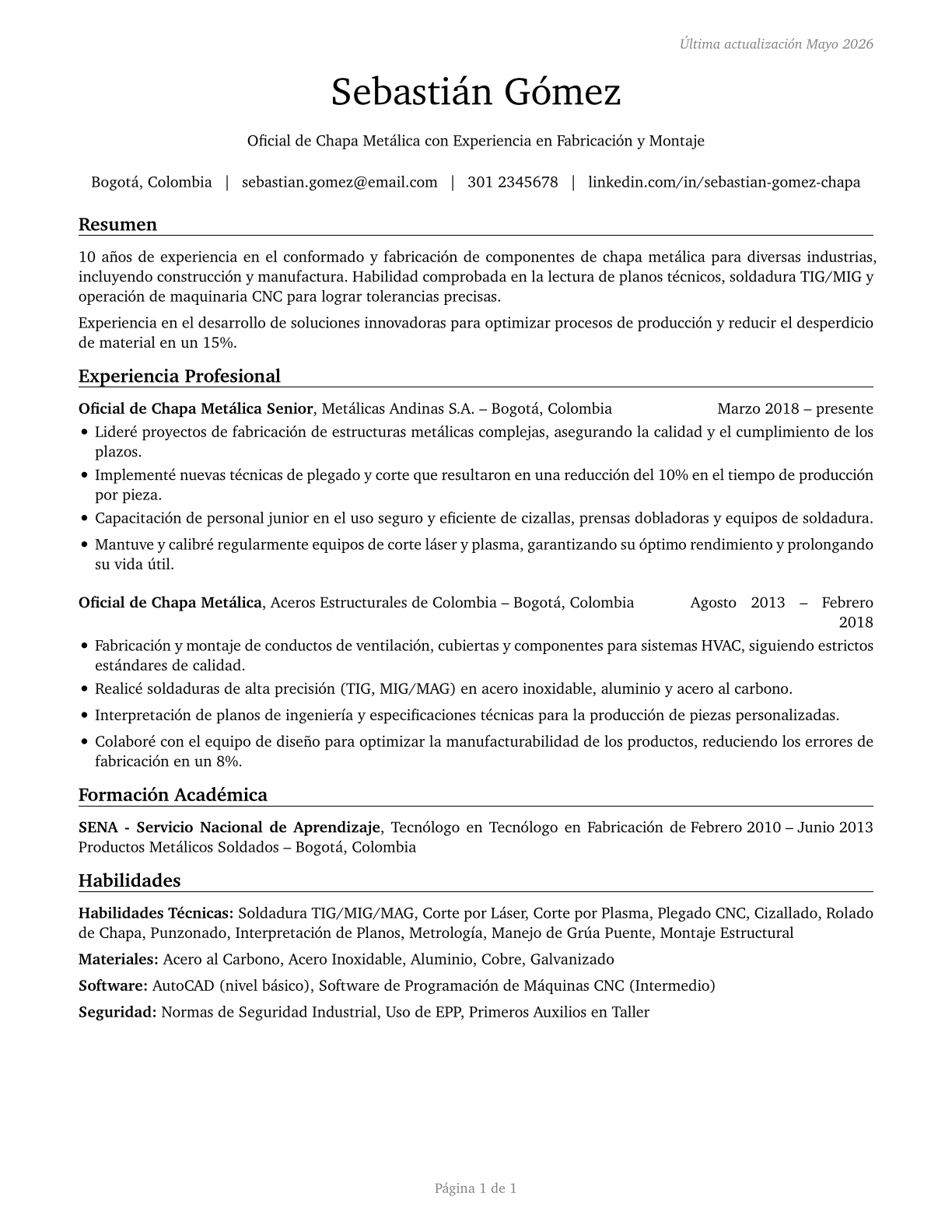 Sheet Metal Workers CV in Spanish — page 1