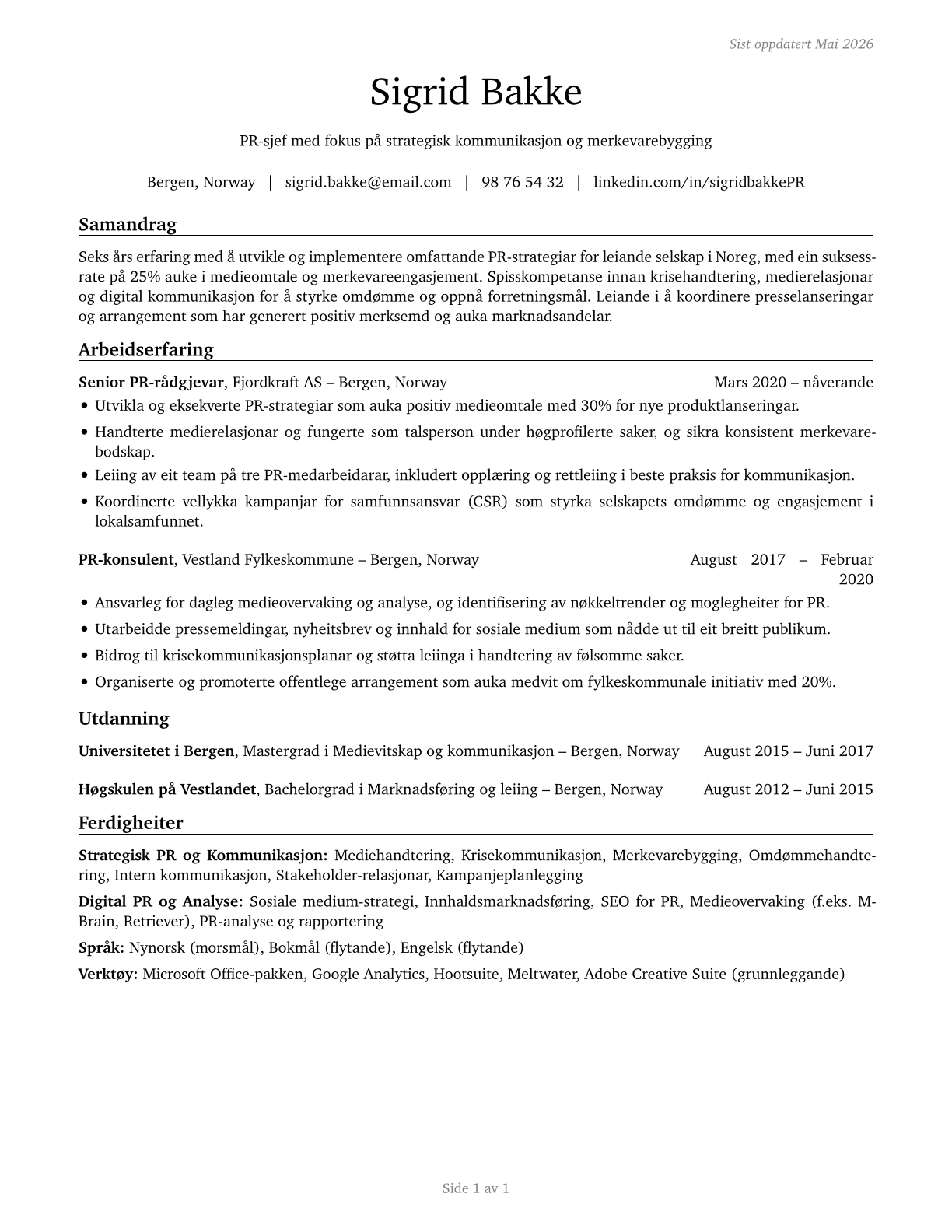 Public Relations Managers CV in Norwegian_nynorsk — page 1