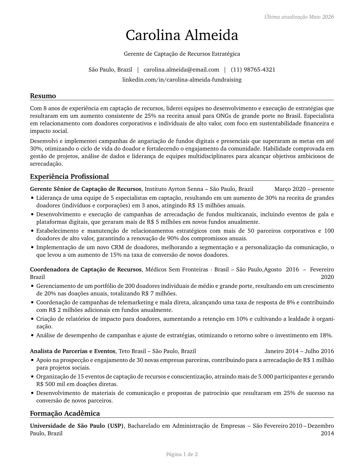 Fundraising Managers CV in Portuguese — page 1