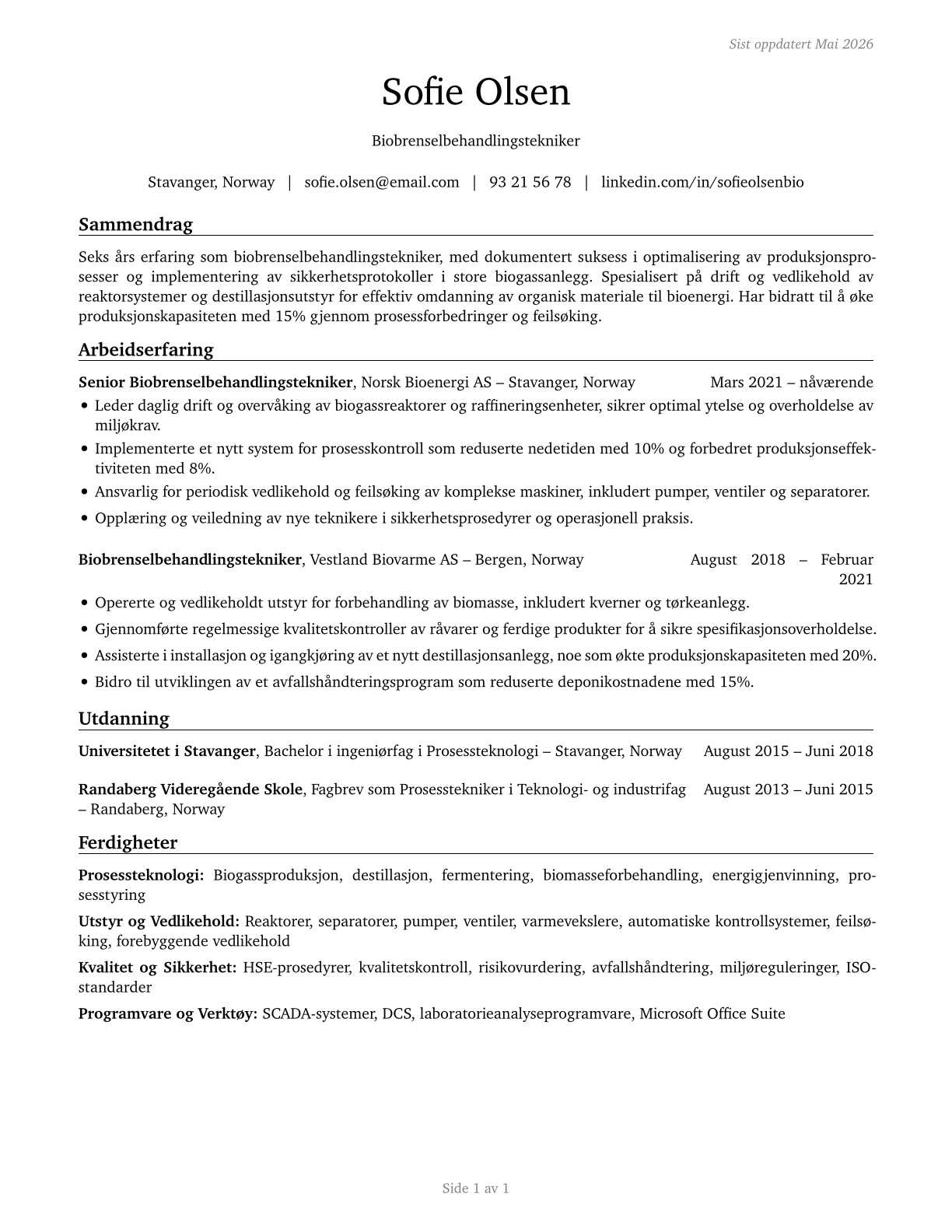 Biofuels Processing Technicians CV in Norwegian_bokmal — page 1