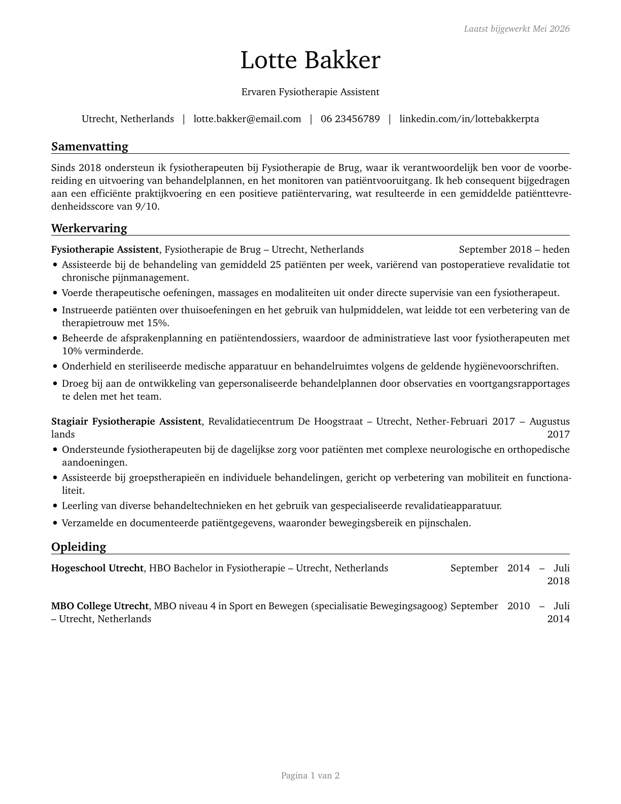 Physical Therapist Assistants CV in Dutch — page 1