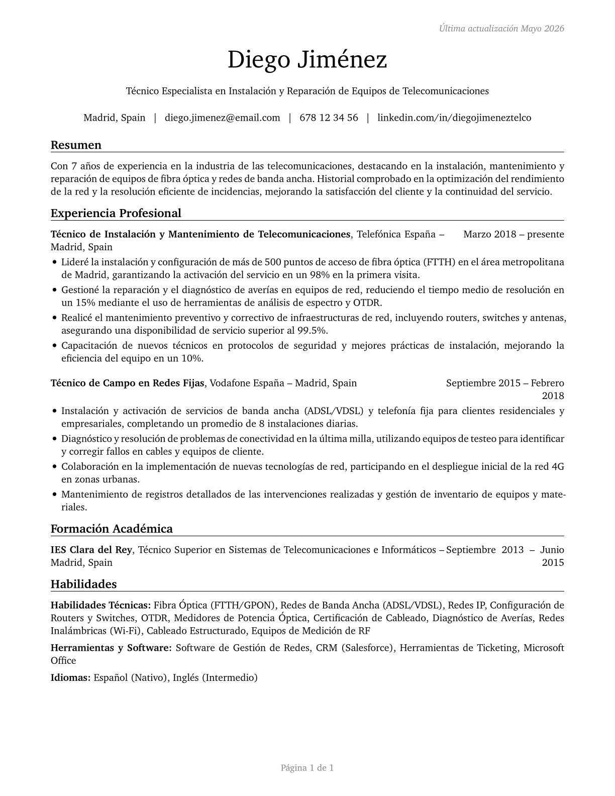 Telecommunications Equipment Installers and Repairers, Except Line Installers CV in Spanish — page 1