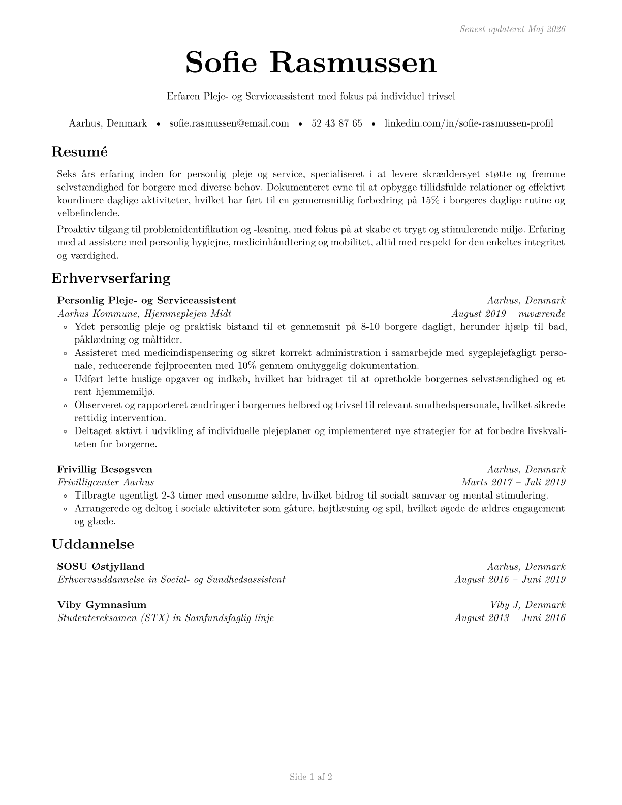Personal Care and Service Workers, All Other CV in Danish — page 1