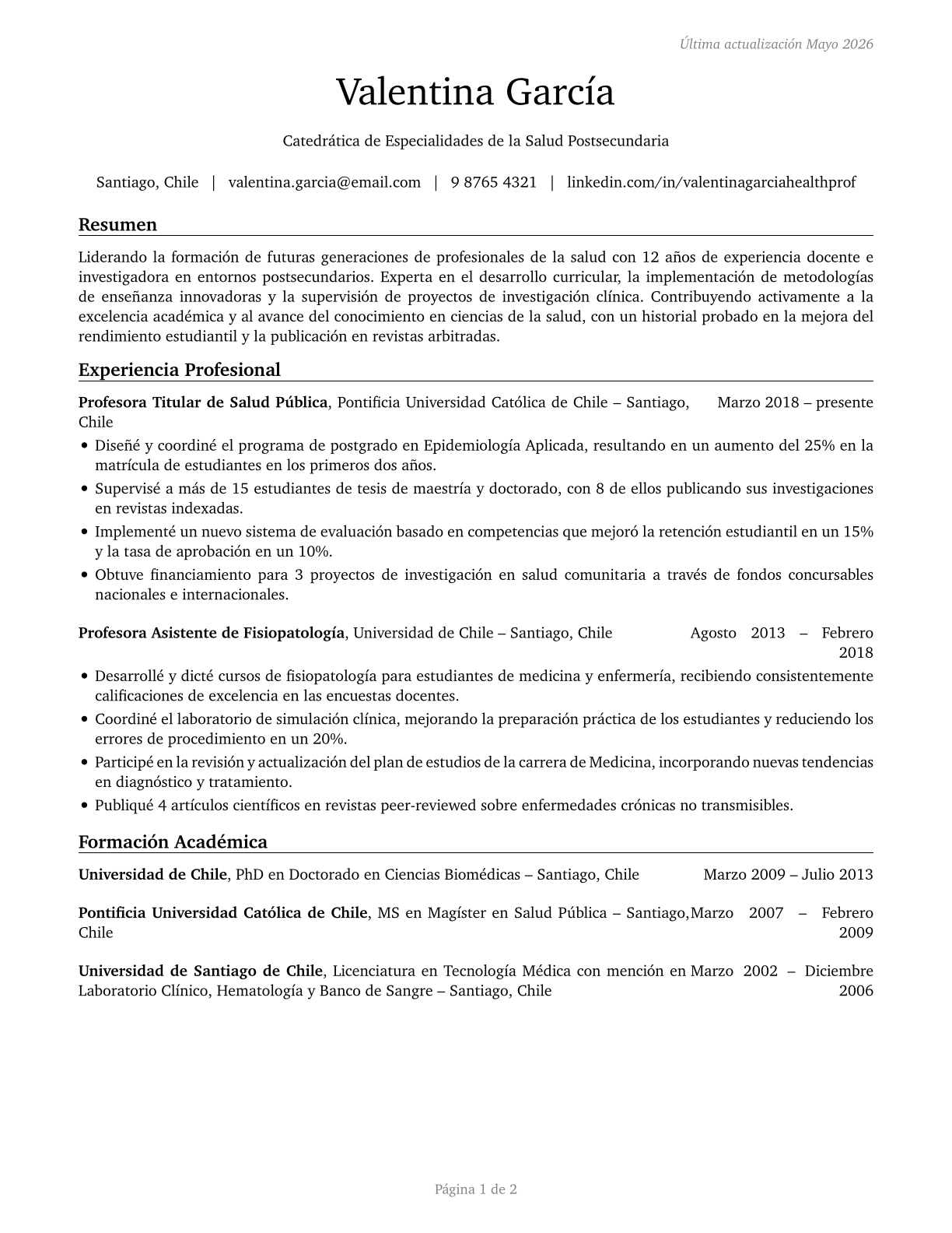 Health Specialties Teachers, Postsecondary CV in Spanish — page 1