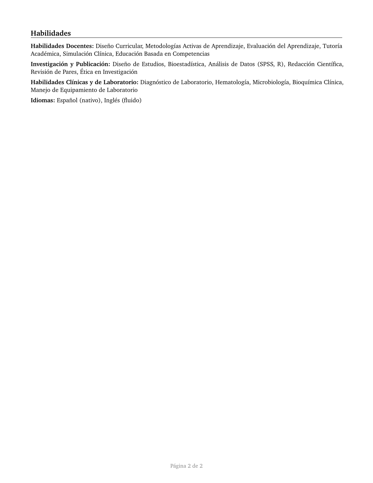 Health Specialties Teachers, Postsecondary CV in Spanish — page 2